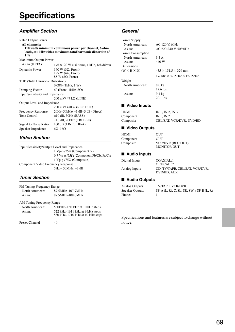 Specifications | Onkyo HT S3200 User Manual | Page 69 / 72