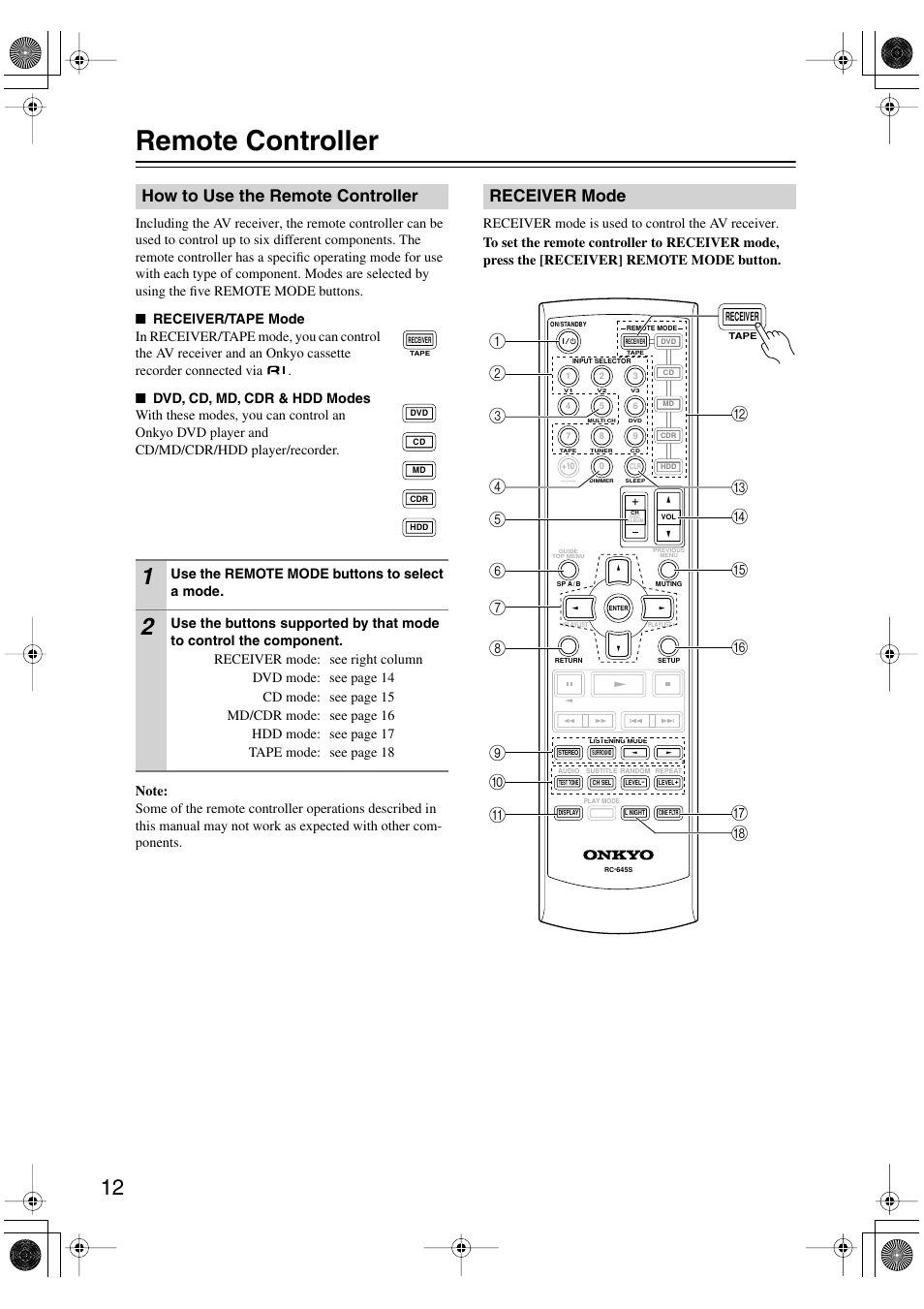 Remote controller, How to use the remote controller, Receiver mode | Onkyo HT-S4100 User Manual | Page 12 / 64