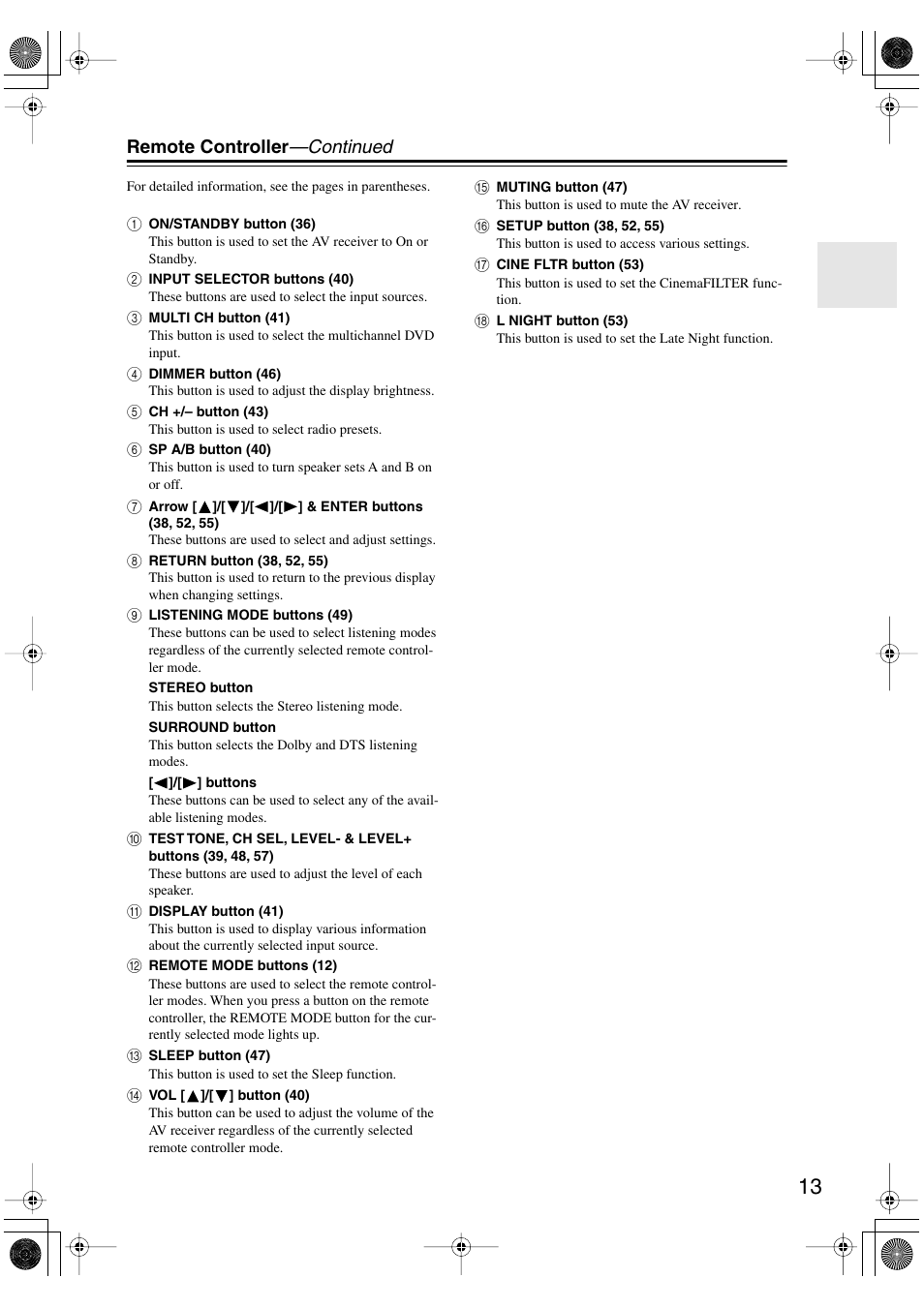 Remote controller —continued | Onkyo HT-S4100 User Manual | Page 13 / 64