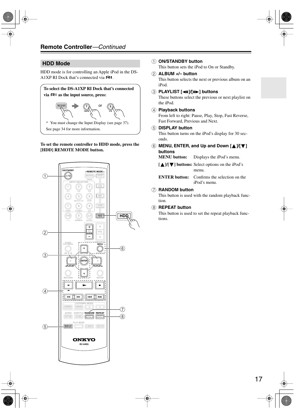 Hdd mode, Remote controller —continued | Onkyo HT-S4100 User Manual | Page 17 / 64