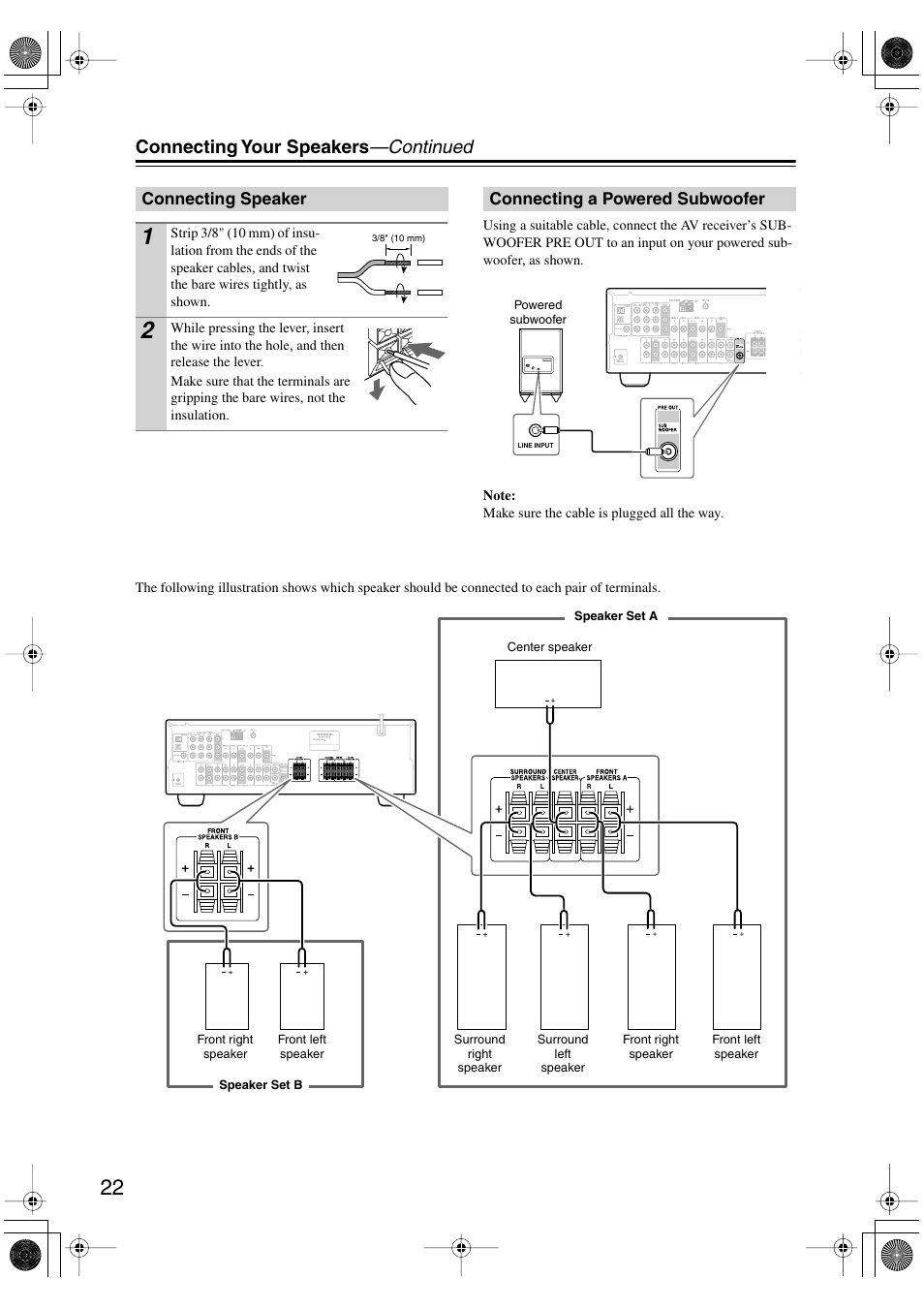 Connecting speaker, Connecting a powered subwoofer, Line input (22) | Connecting your speakers —continued | Onkyo HT-S4100 User Manual | Page 22 / 64