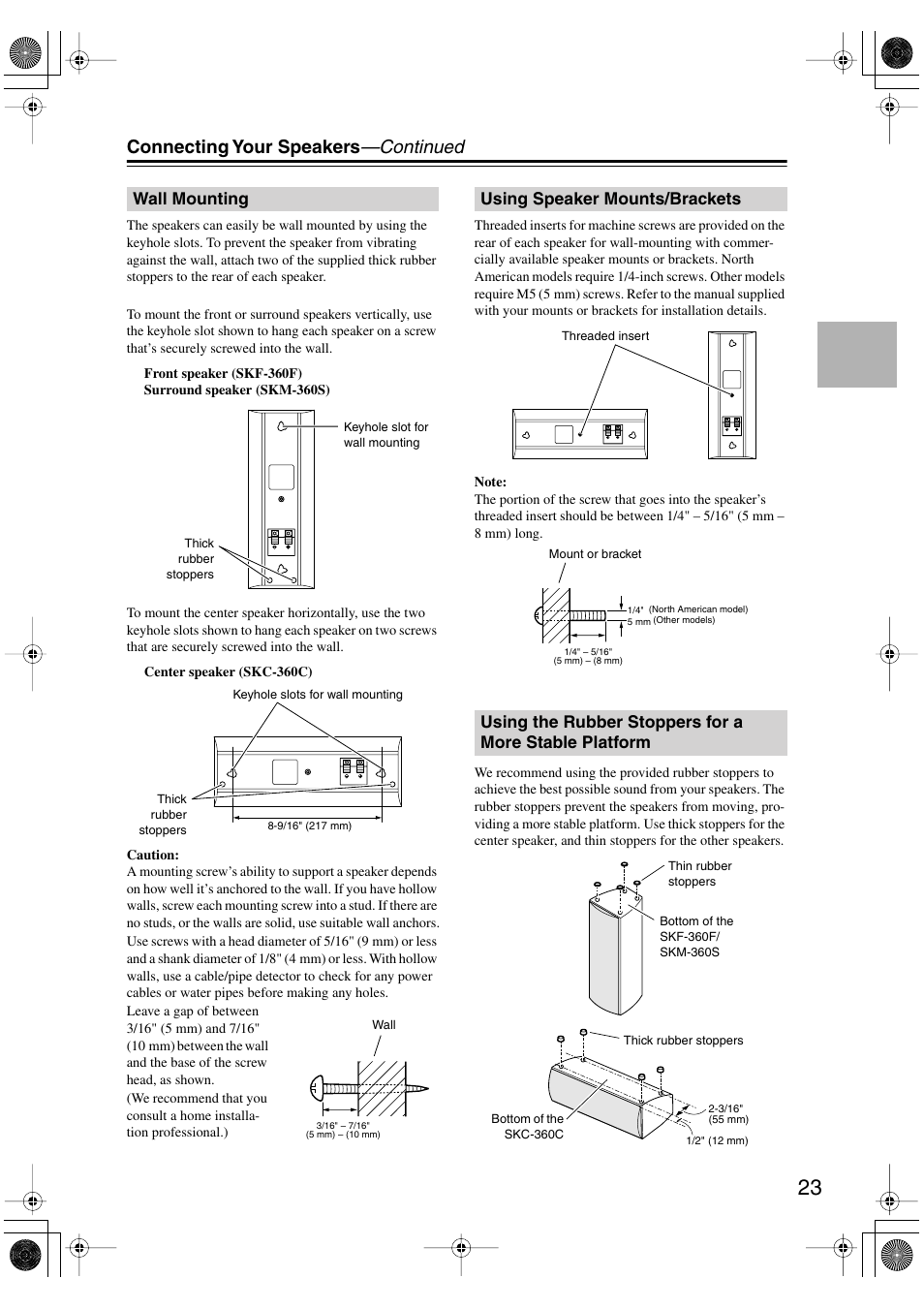 Wall mounting, Using speaker mounts/brackets, Connecting your speakers —continued | Onkyo HT-S4100 User Manual | Page 23 / 64