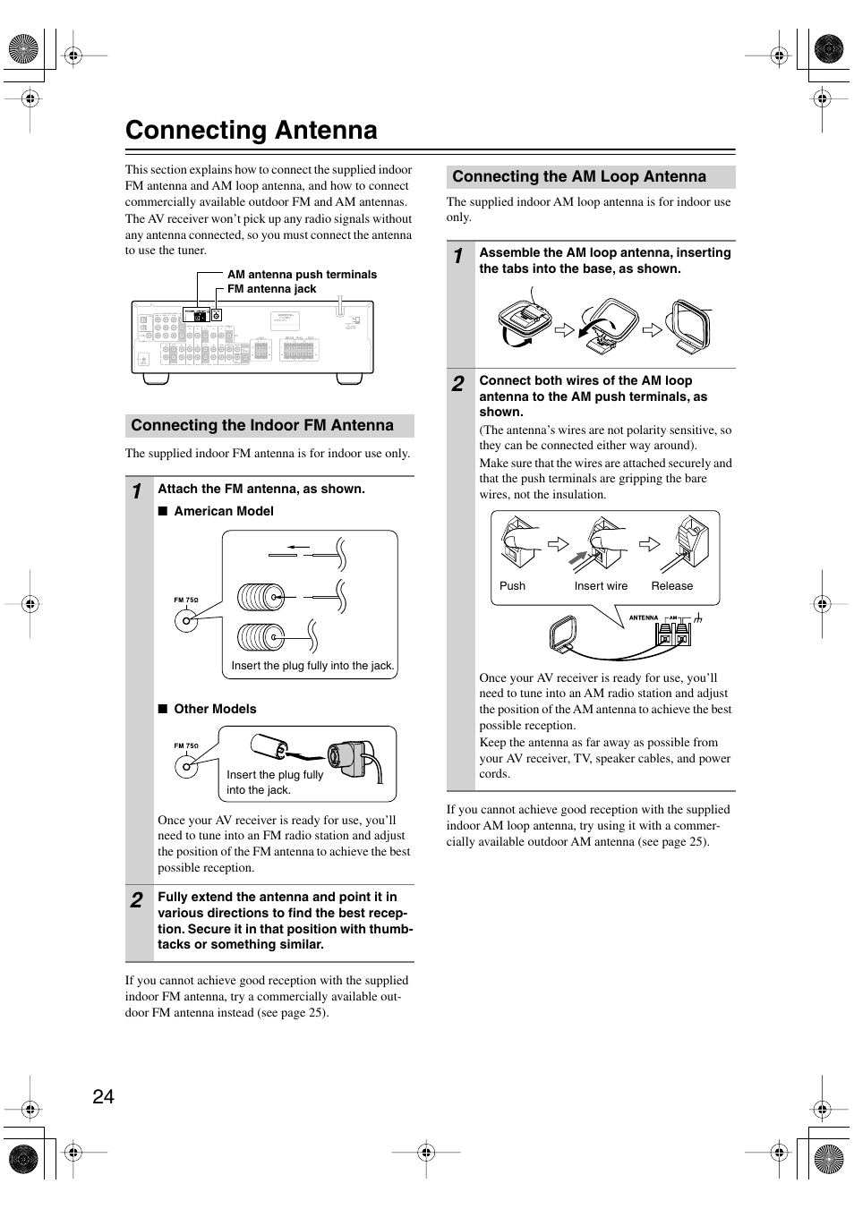 Connecting antenna, Connecting the indoor fm antenna, Connecting the am loop antenna | Onkyo HT-S4100 User Manual | Page 24 / 64