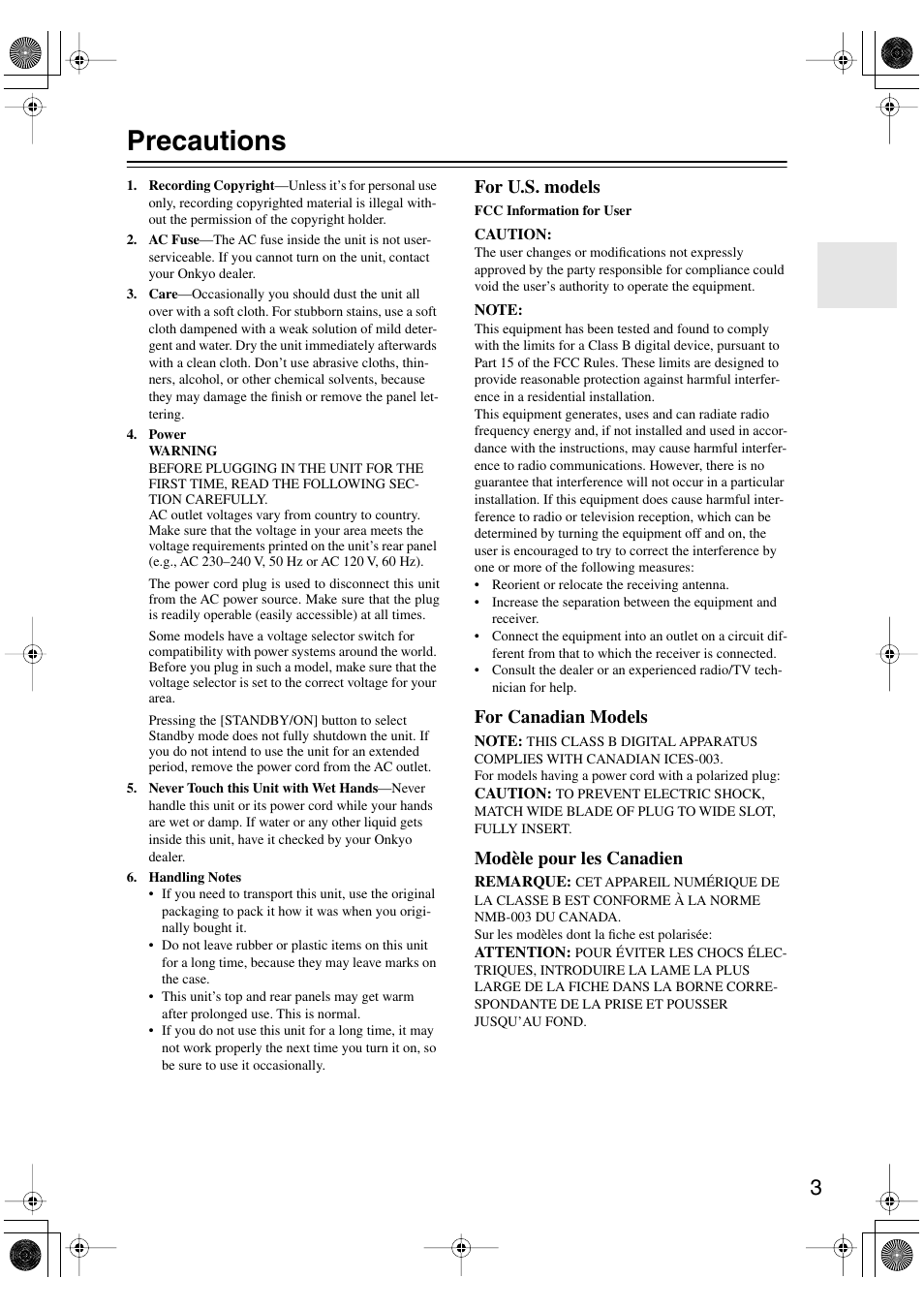 Precautions, For u.s. models, For canadian models | Modèle pour les canadien | Onkyo HT-S4100 User Manual | Page 3 / 64