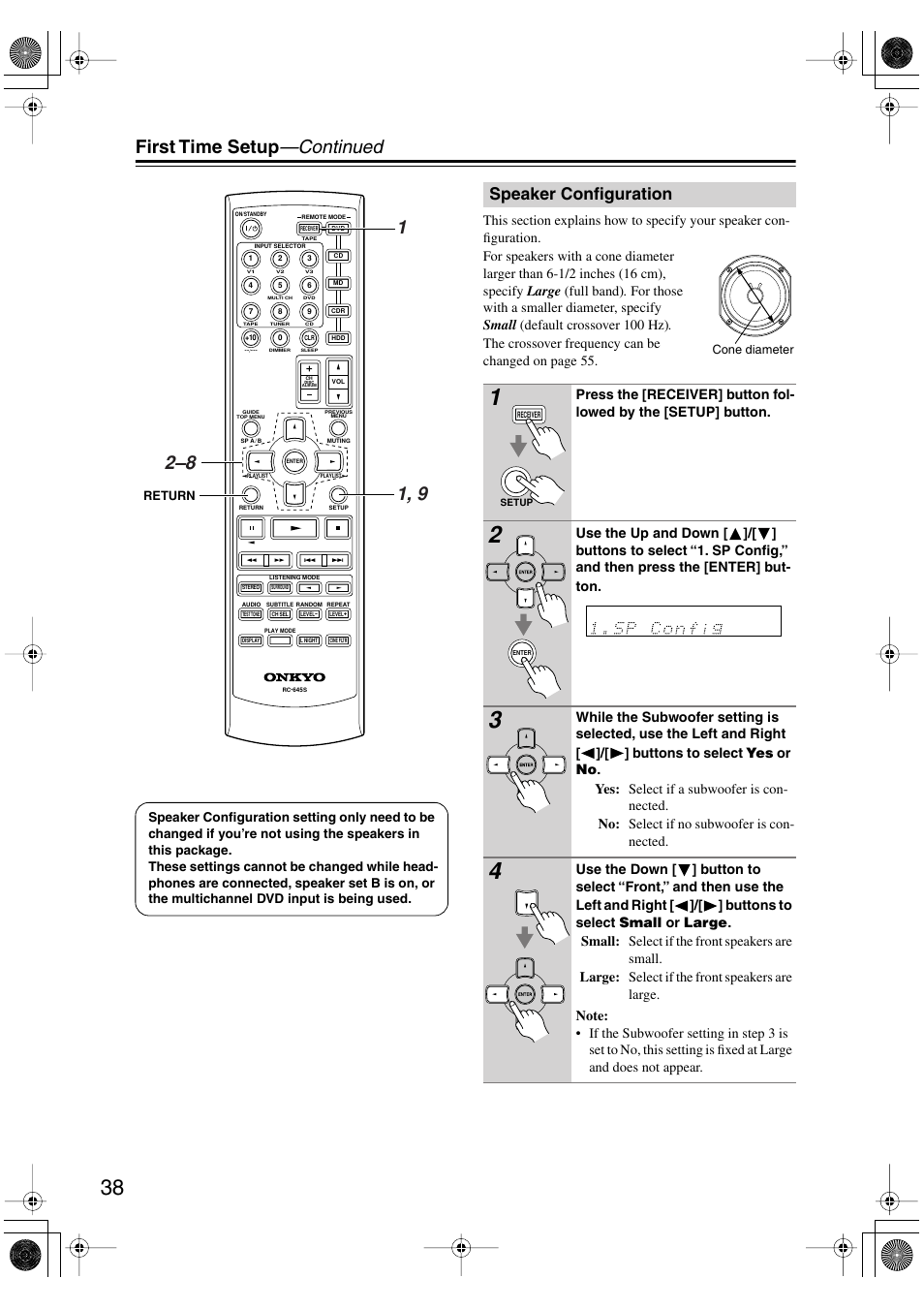 Speaker configuration, Utton (38, First time setup —continued | Onkyo HT-S4100 User Manual | Page 38 / 64