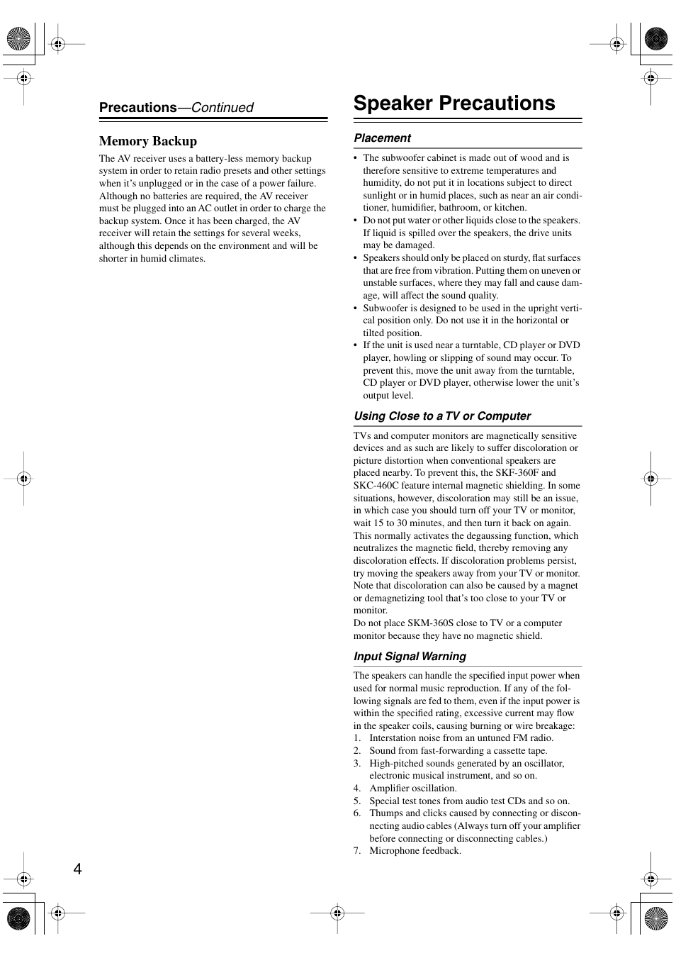 Speaker precautions | Onkyo HT-S4100 User Manual | Page 4 / 64