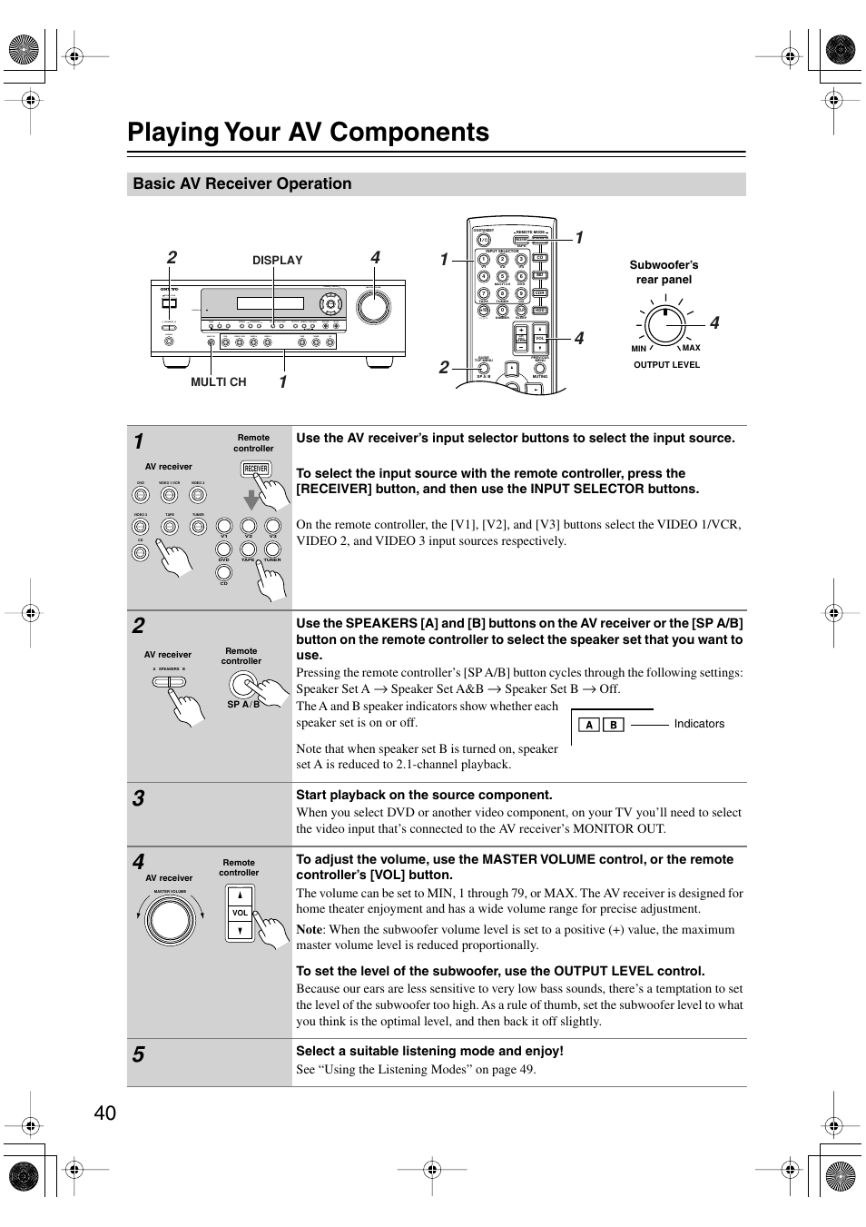 Playing your av components, Basic av receiver operation, Ol (40) | Uttons (40), Uttons (40, Utton (40) | Onkyo HT-S4100 User Manual | Page 40 / 64