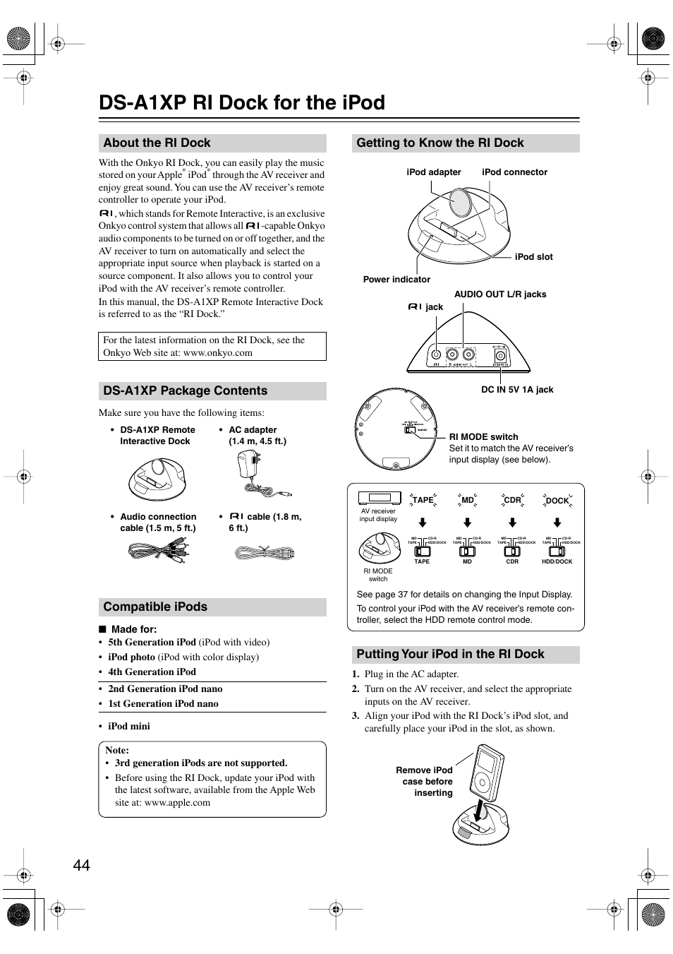 Ds-a1xp ri dock for the ipod, About the ri dock, Dsa1xp package contents | Compatible ipods, Getting to know the ri dock, Putting your ipod in the ri dock, Ds-a1xp package contents compatible ipods | Onkyo HT-S4100 User Manual | Page 44 / 64