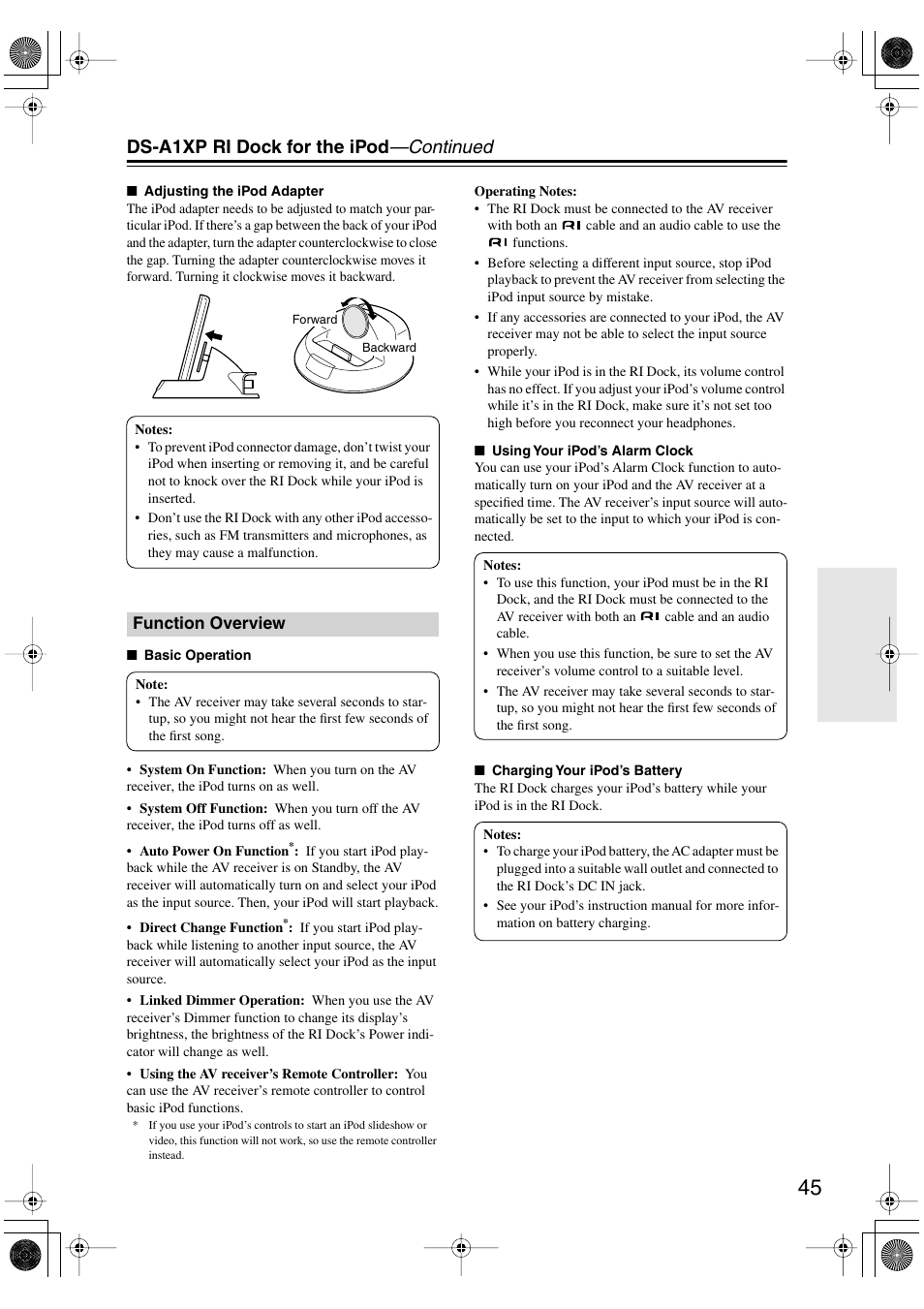 Function overview, Ds-a1xp ri dock for the ipod —continued | Onkyo HT-S4100 User Manual | Page 45 / 64