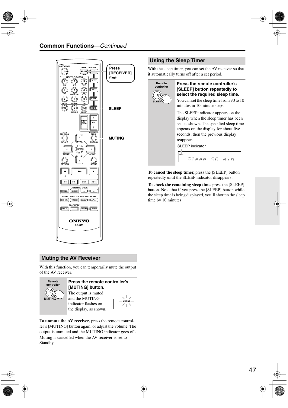 Muting the av receiver, Using the sleep timer, Muting indicator (47) | Sleep indicator (47), Utton (47), Common functions —continued | Onkyo HT-S4100 User Manual | Page 47 / 64