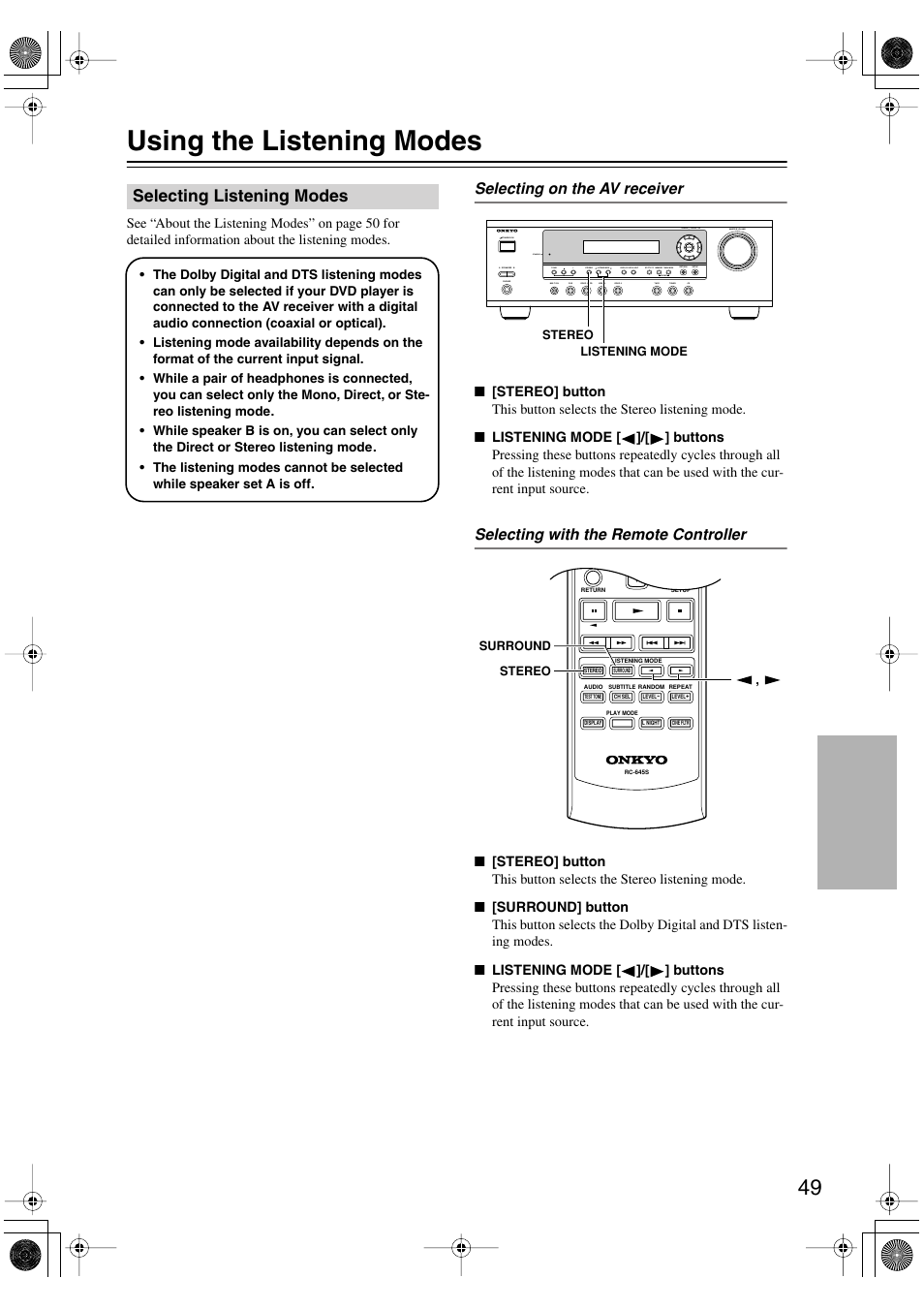 Using the listening modes, Selecting listening modes, Enjoying the listening modes | Utton (49), Uttons (49) | Onkyo HT-S4100 User Manual | Page 49 / 64