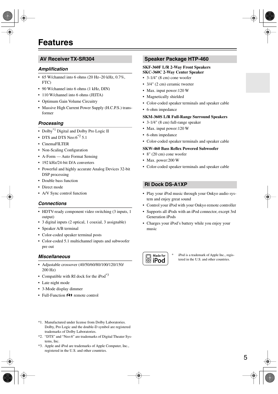 Features | Onkyo HT-S4100 User Manual | Page 5 / 64