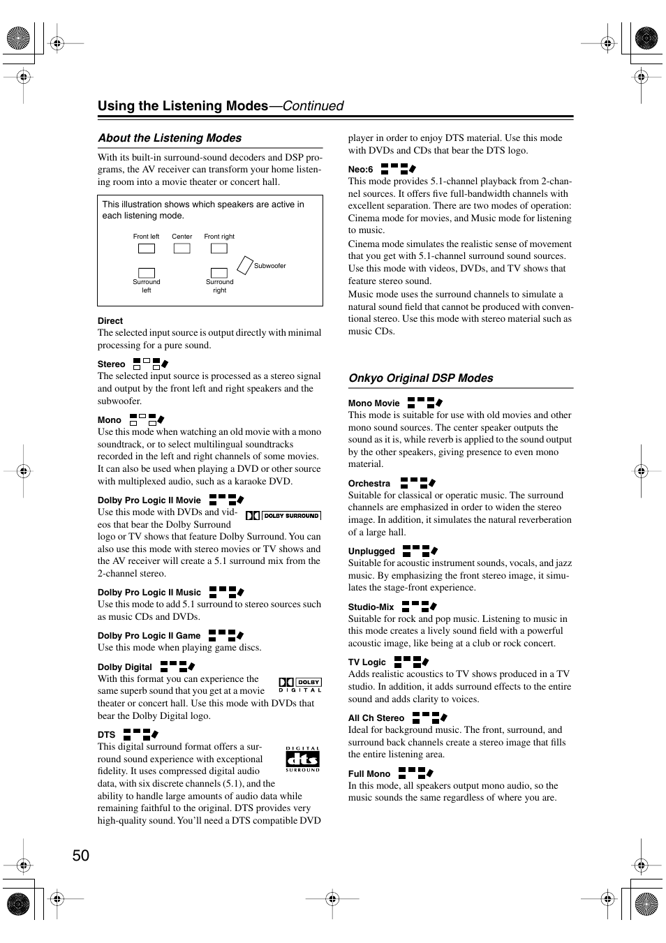 S (50, Using the listening modes —continued | Onkyo HT-S4100 User Manual | Page 50 / 64