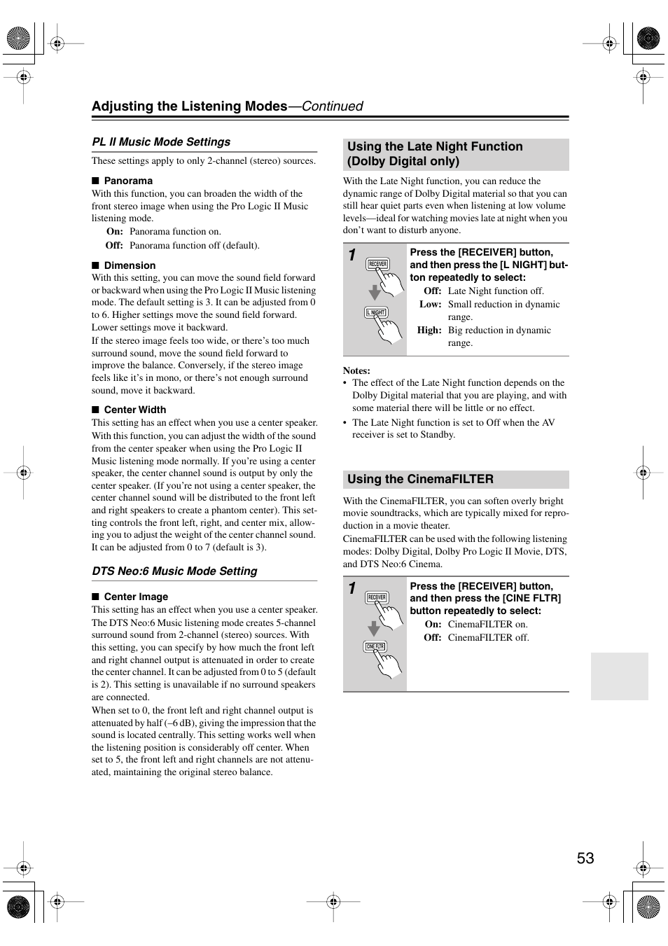 Using the late night function (dolbydigital only), Using the cinemafilter, Utton (53) | Adjusting the listening modes —continued | Onkyo HT-S4100 User Manual | Page 53 / 64