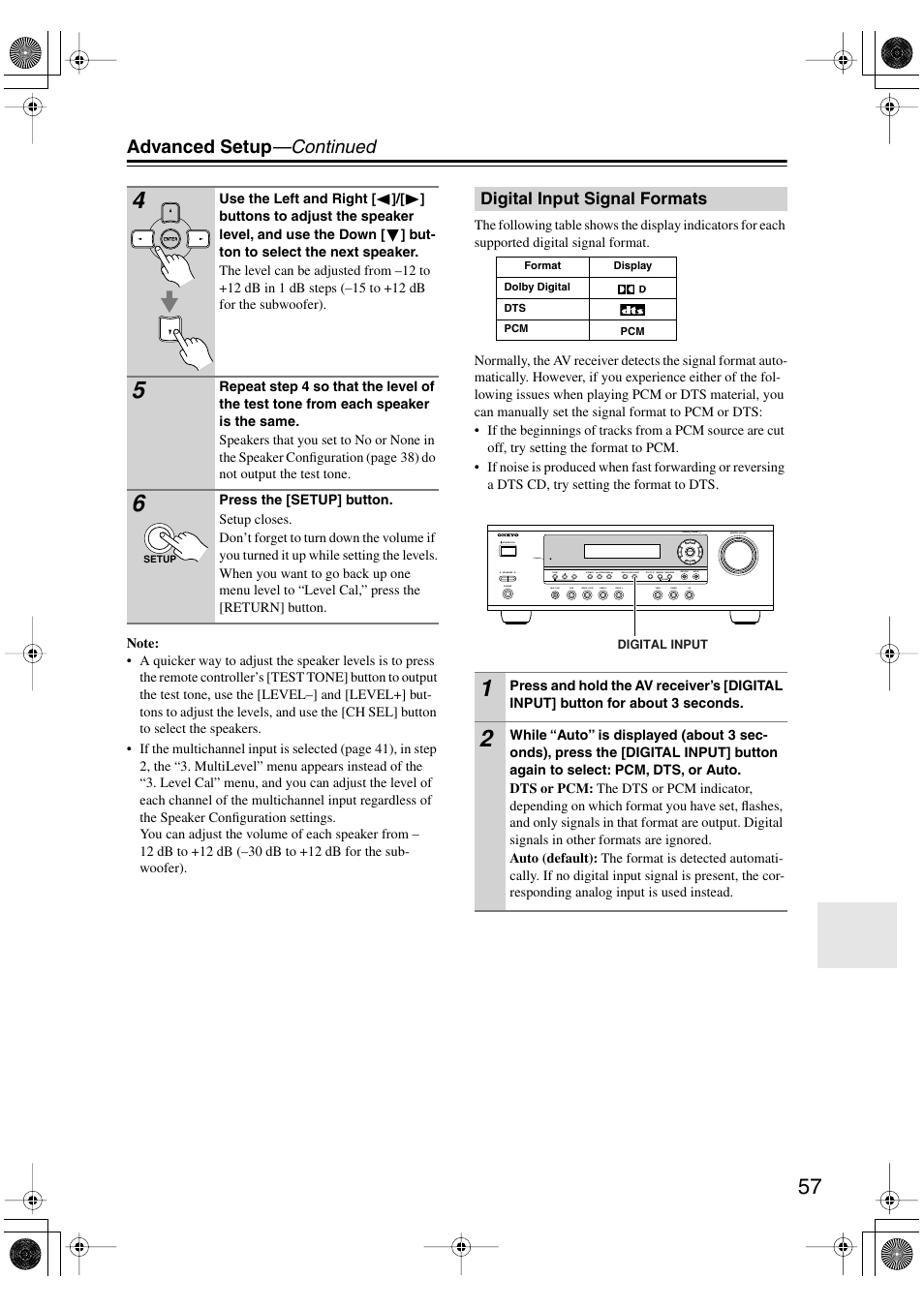 Digital input signal formats, Advanced setup —continued | Onkyo HT-S4100 User Manual | Page 57 / 64