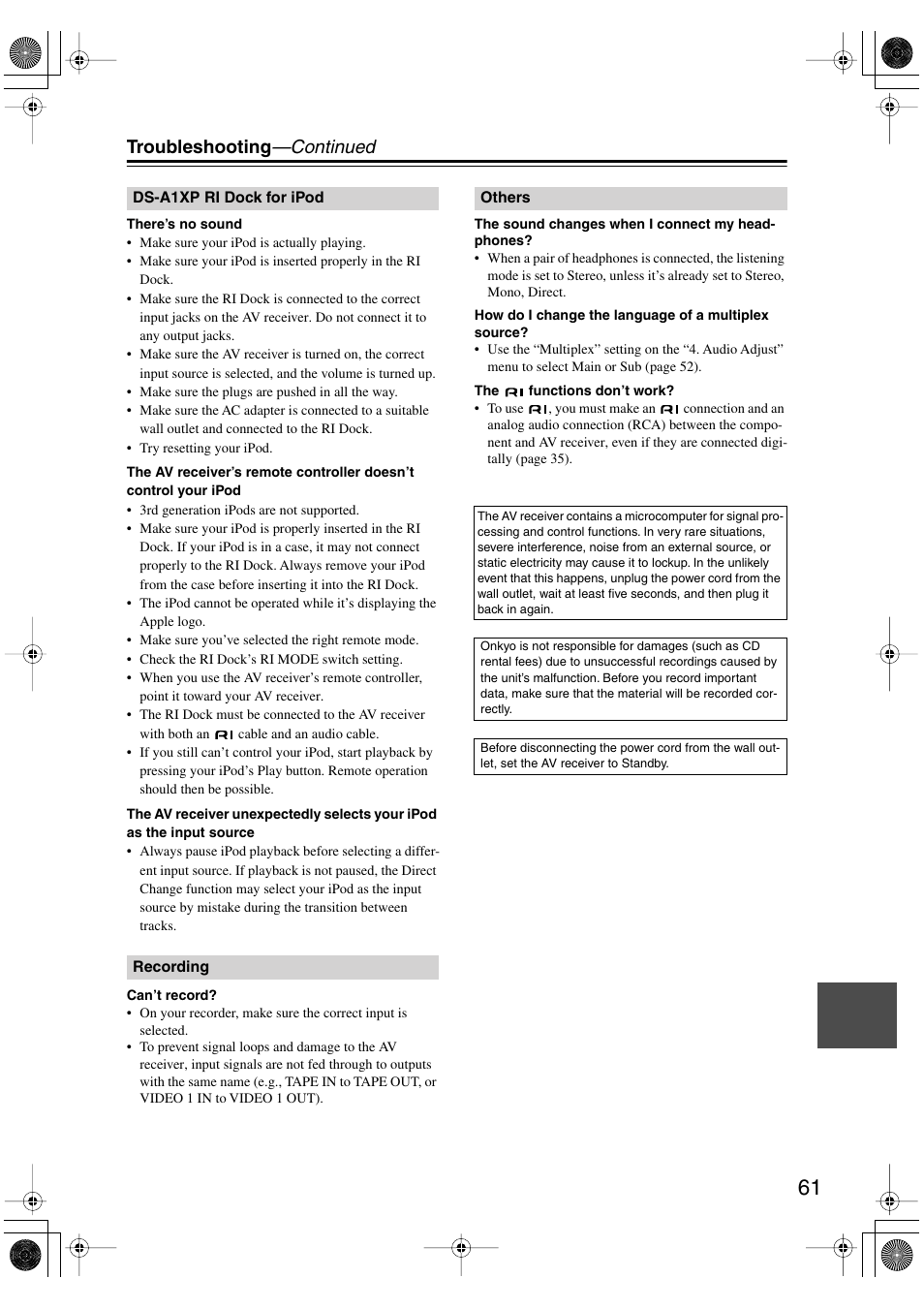 Troubleshooting —continued | Onkyo HT-S4100 User Manual | Page 61 / 64