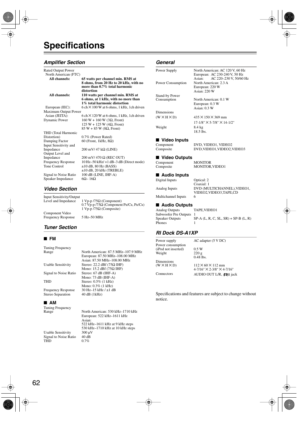 Specifications | Onkyo HT-S4100 User Manual | Page 62 / 64