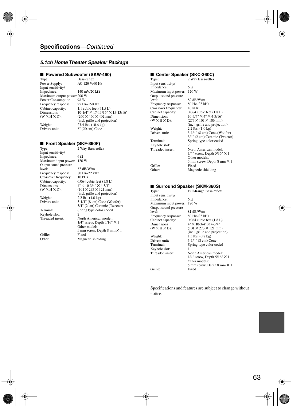 Specifications —continued | Onkyo HT-S4100 User Manual | Page 63 / 64