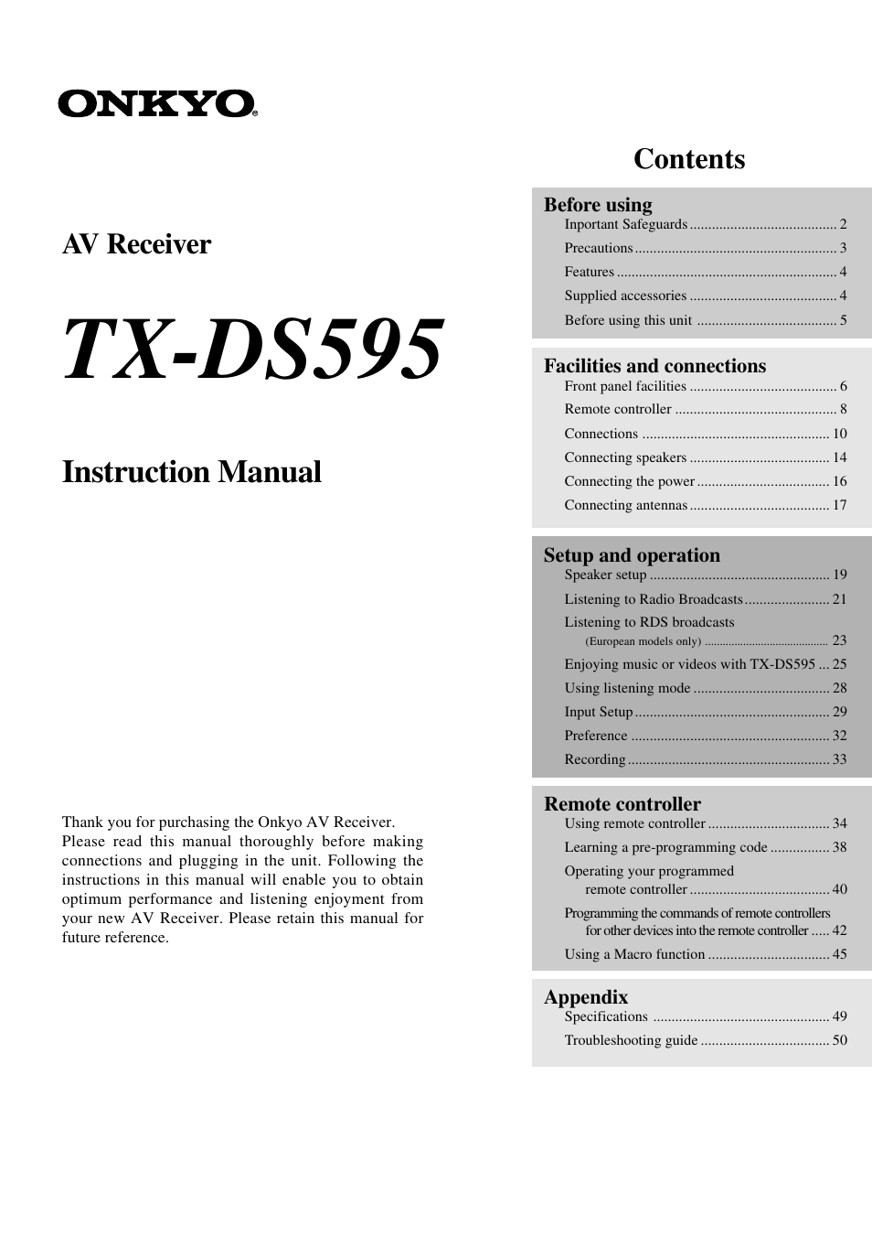 Onkyo TX-DS595 User Manual | 52 pages