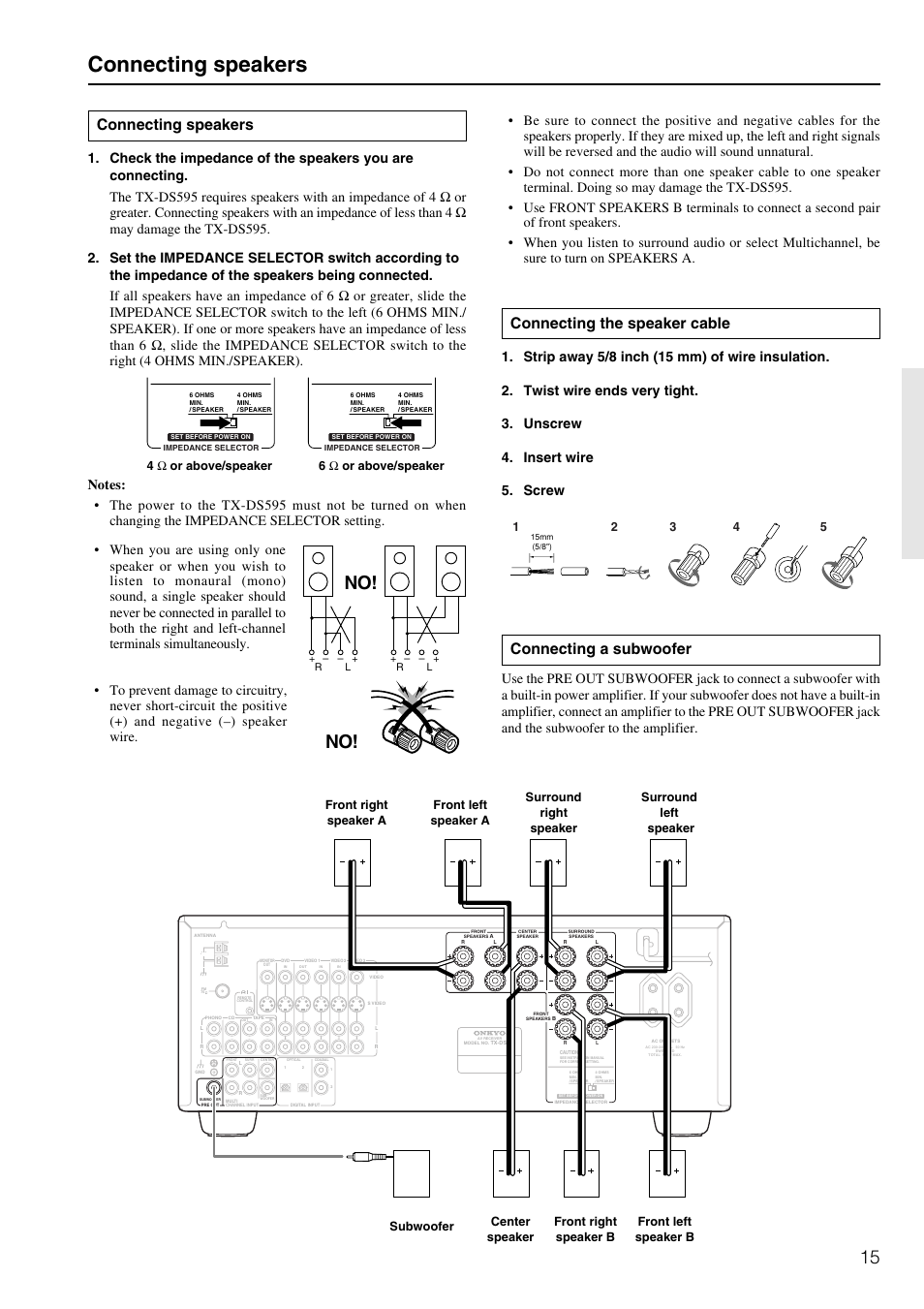 Connecting speakers, Connecting a subwoofer, Connecting the speaker cable | 4ω or above/speaker 6 ω or above/speaker | Onkyo TX-DS595 User Manual | Page 15 / 52