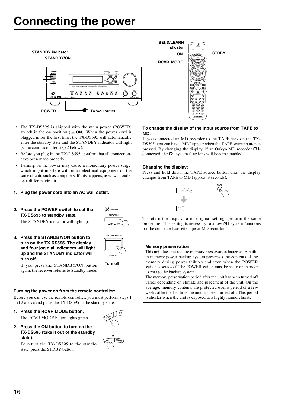 Connecting the power, Standby off on, Ch level | Send / learn macro, Power standby/on, On rcvr mode stdby, Standby indicator send/learn indicator, Turn off | Onkyo TX-DS595 User Manual | Page 16 / 52