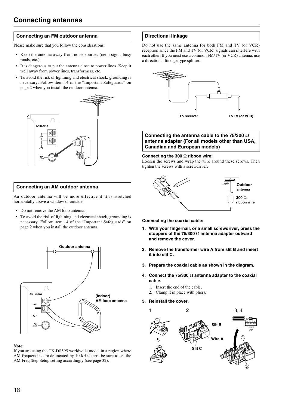 Connecting antennas, Connecting an am outdoor antenna, Directional linkage | Connecting an fm outdoor antenna | Onkyo TX-DS595 User Manual | Page 18 / 52