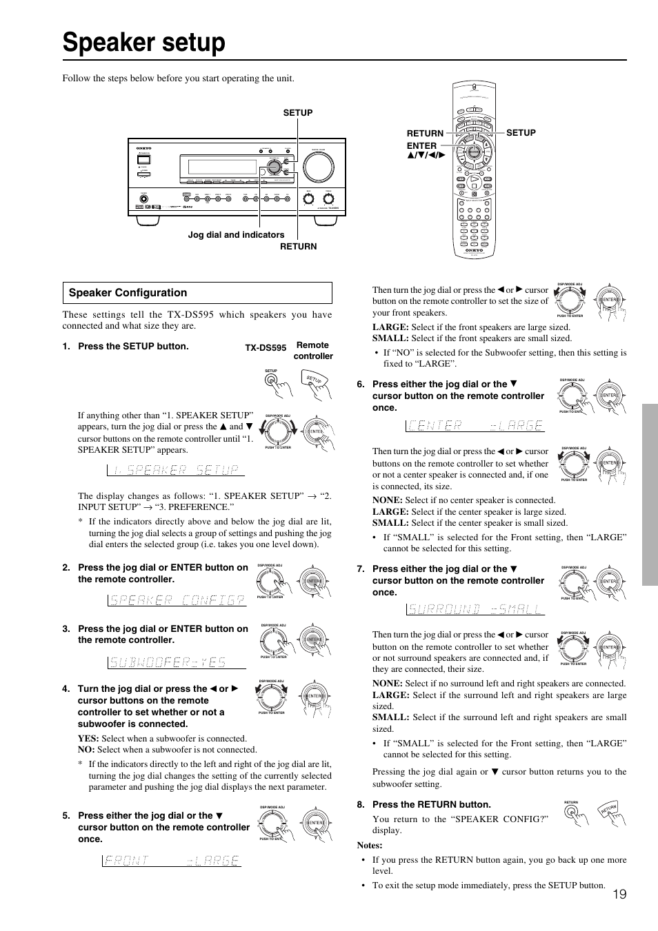 Speaker setup, Speaker configuration, Standby off on | Ch level, Send / learn macro, Press the setup button, Tx-ds595 remote controller | Onkyo TX-DS595 User Manual | Page 19 / 52