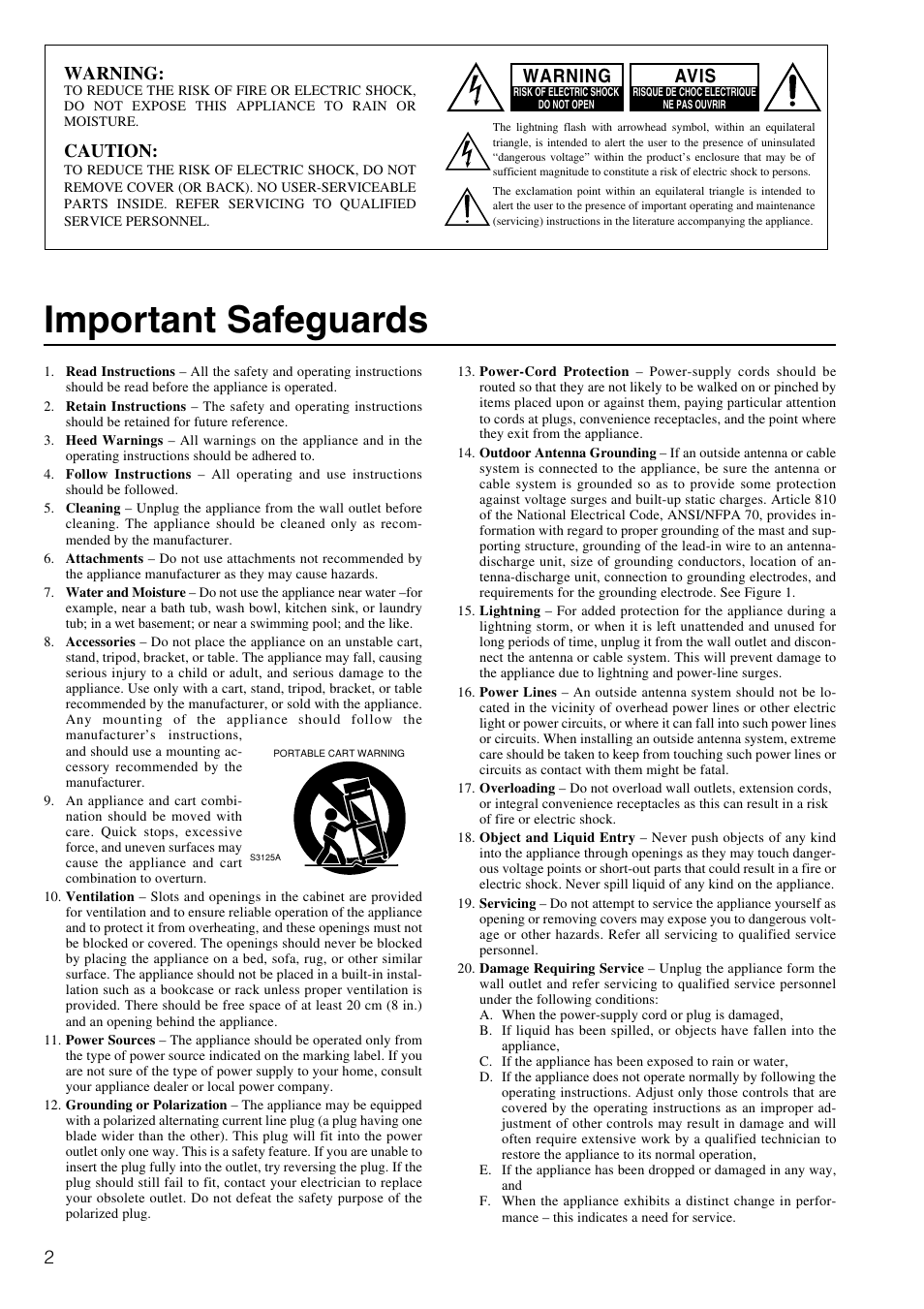 Important safeguards, Warning, Caution | Avis | Onkyo TX-DS595 User Manual | Page 2 / 52