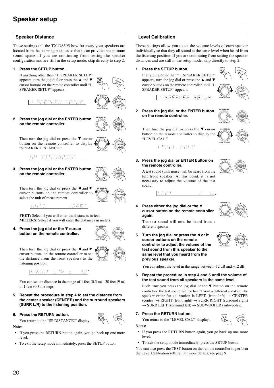 Speaker setup, Speaker distance, Level calibration | Onkyo TX-DS595 User Manual | Page 20 / 52