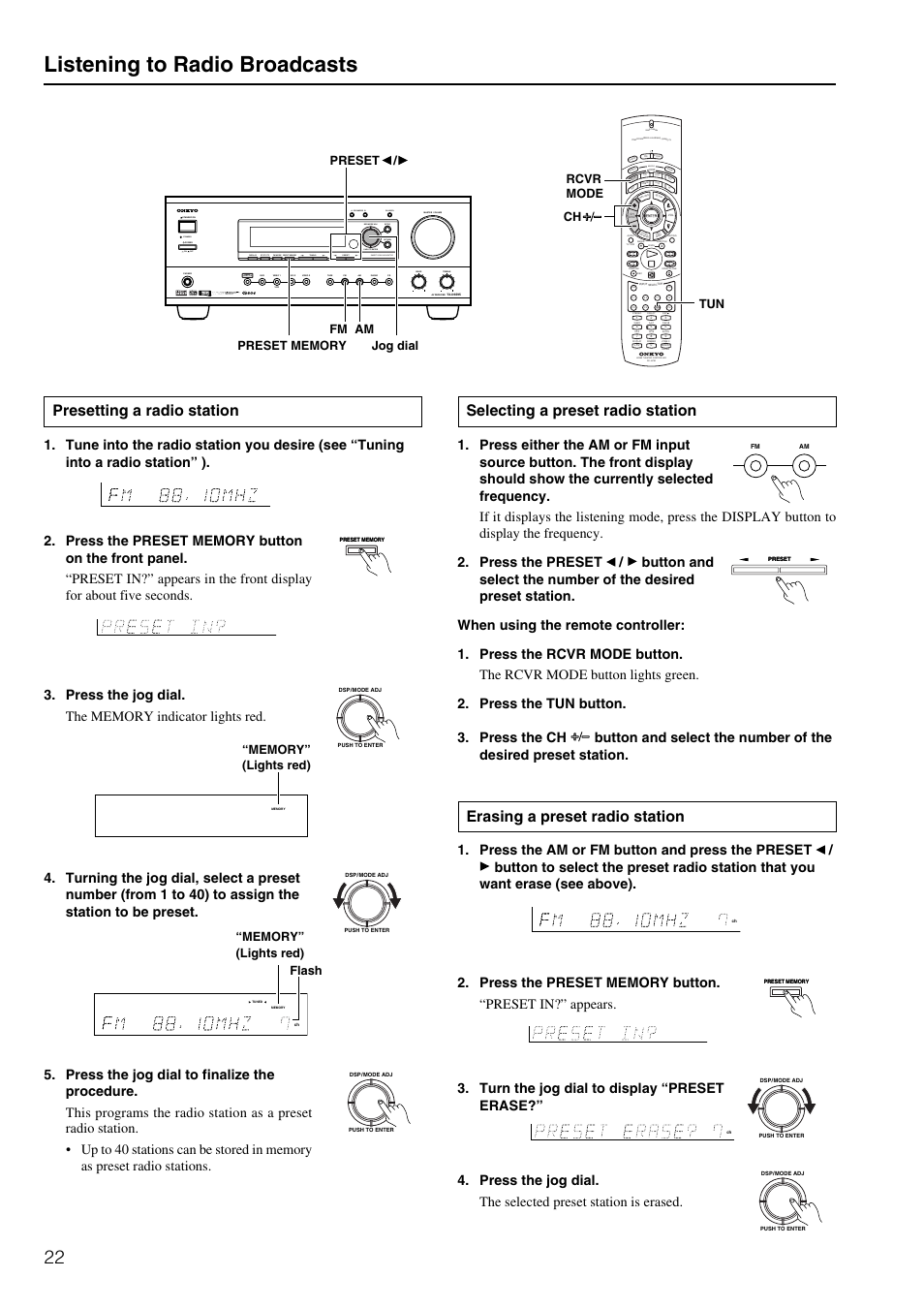 Listening to radio broadcasts, Selecting a preset radio station, Erasing a preset radio station | Presetting a radio station, Standby off on, Ch level, Send / learn macro | Onkyo TX-DS595 User Manual | Page 22 / 52