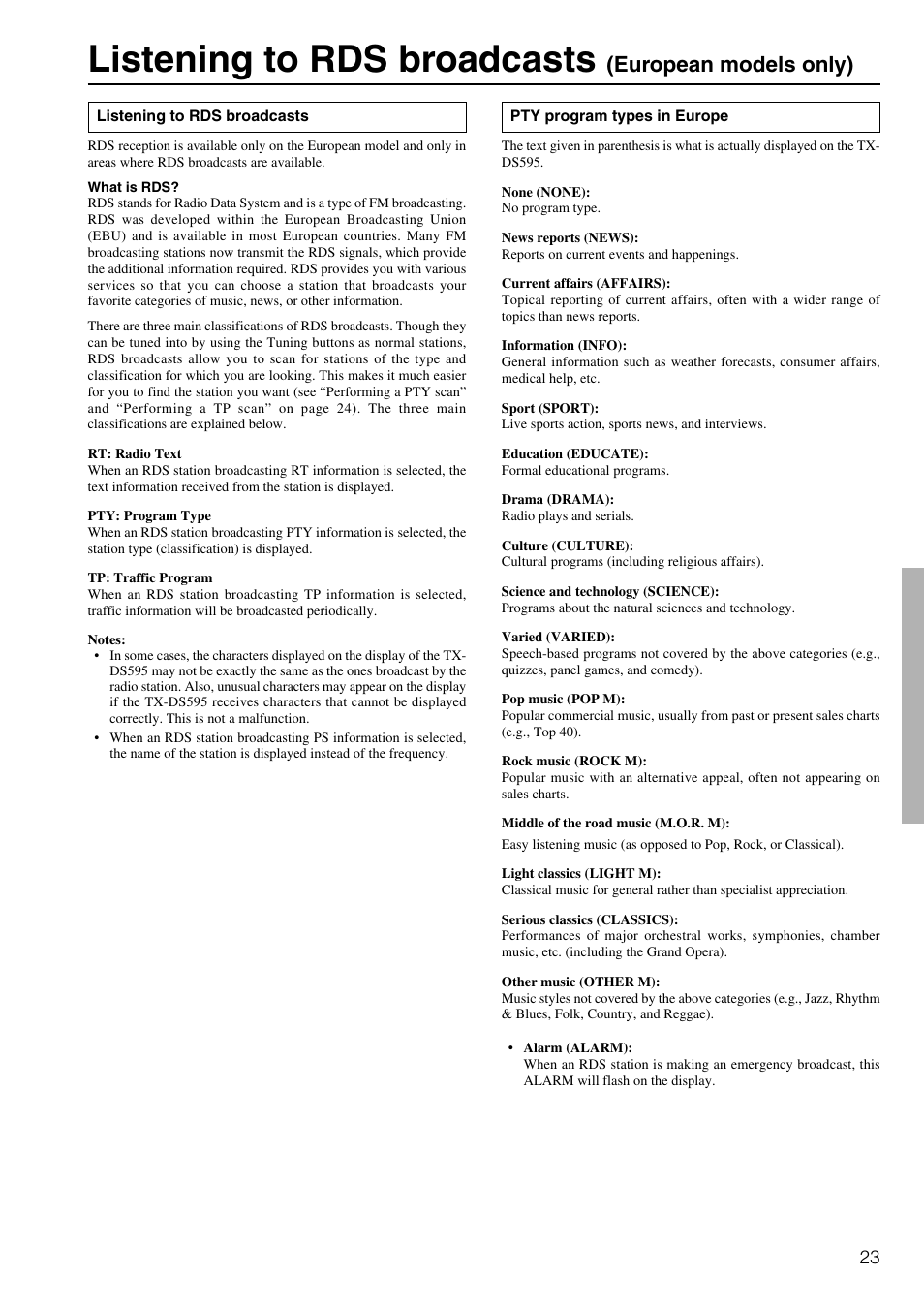 Listening to rds broadcasts, European models only) | Onkyo TX-DS595 User Manual | Page 23 / 52