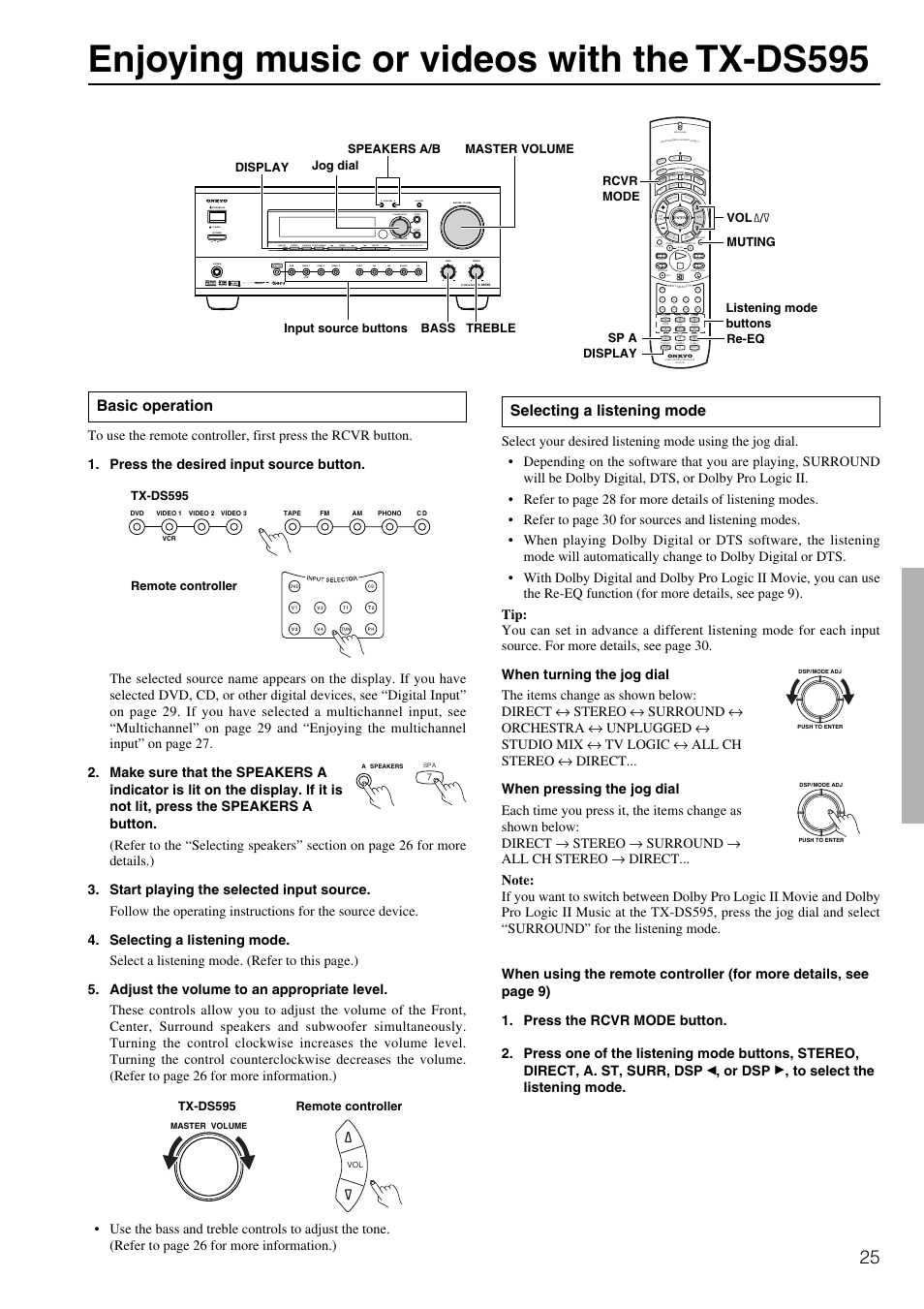 Enjoying music or videos with the tx-ds595, Basic operation, Selecting a listening mode | Standby off on, Ch level, Send / learn macro, Tx-ds595 remote controller, Listening mode buttons tx-ds595 remote controller | Onkyo TX-DS595 User Manual | Page 25 / 52