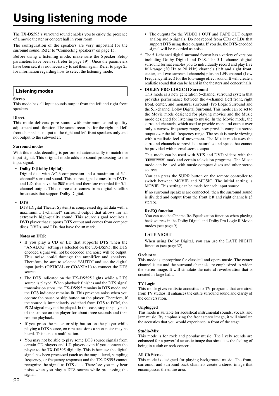 Using listening mode | Onkyo TX-DS595 User Manual | Page 28 / 52