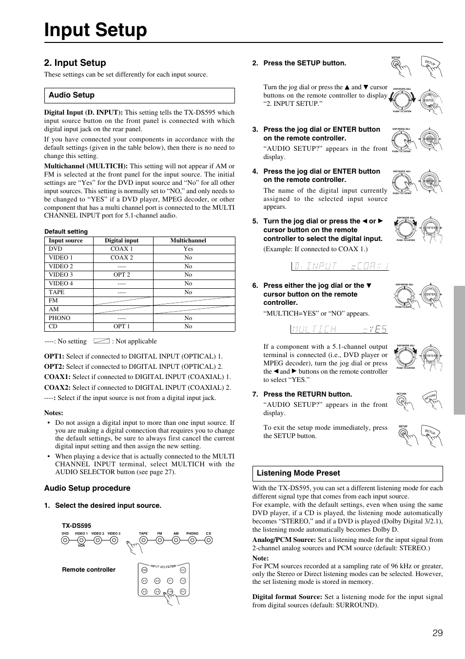 Input setup, Audio setup procedure, Audio setup | Listening mode preset | Onkyo TX-DS595 User Manual | Page 29 / 52