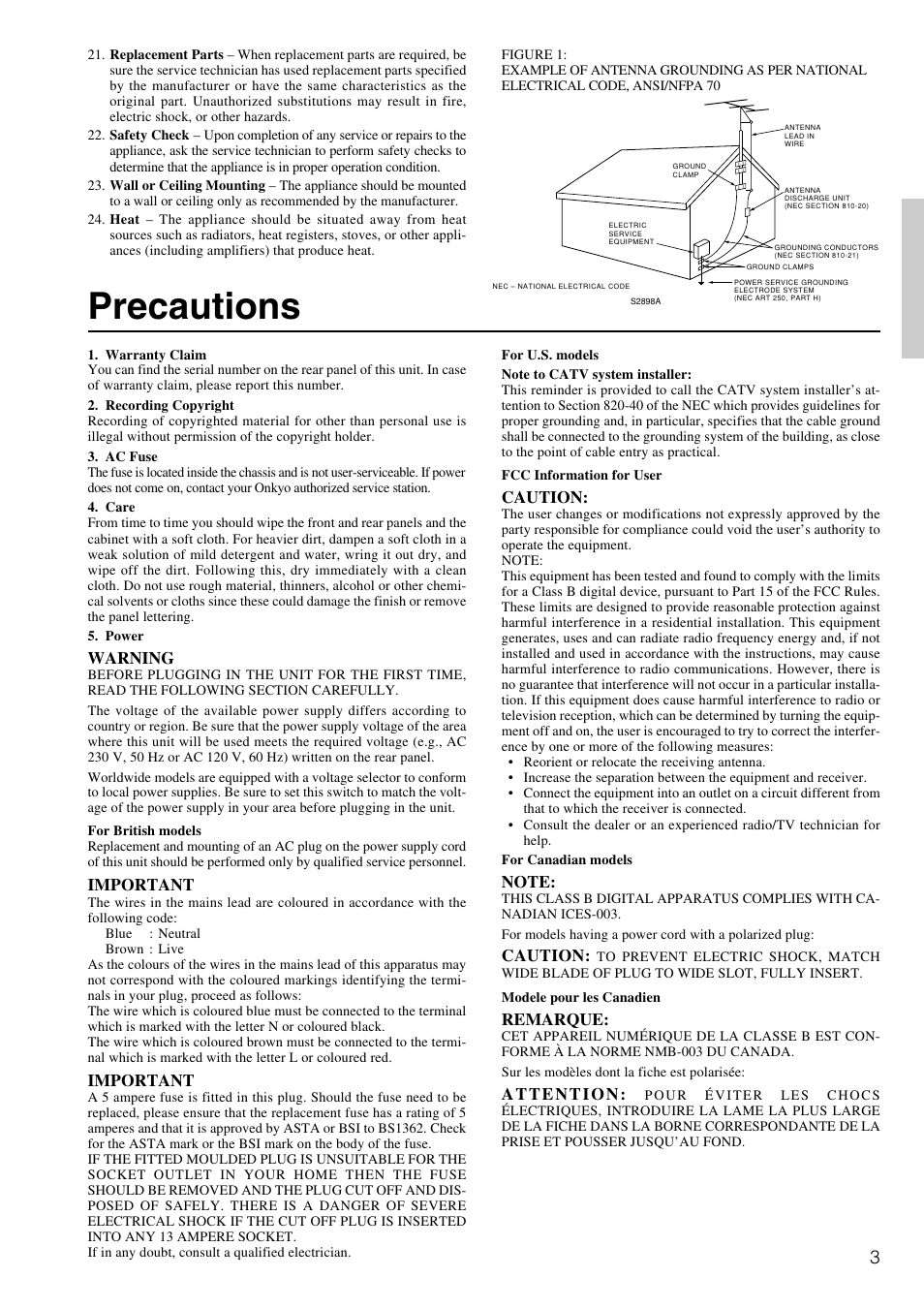 Precautions | Onkyo TX-DS595 User Manual | Page 3 / 52