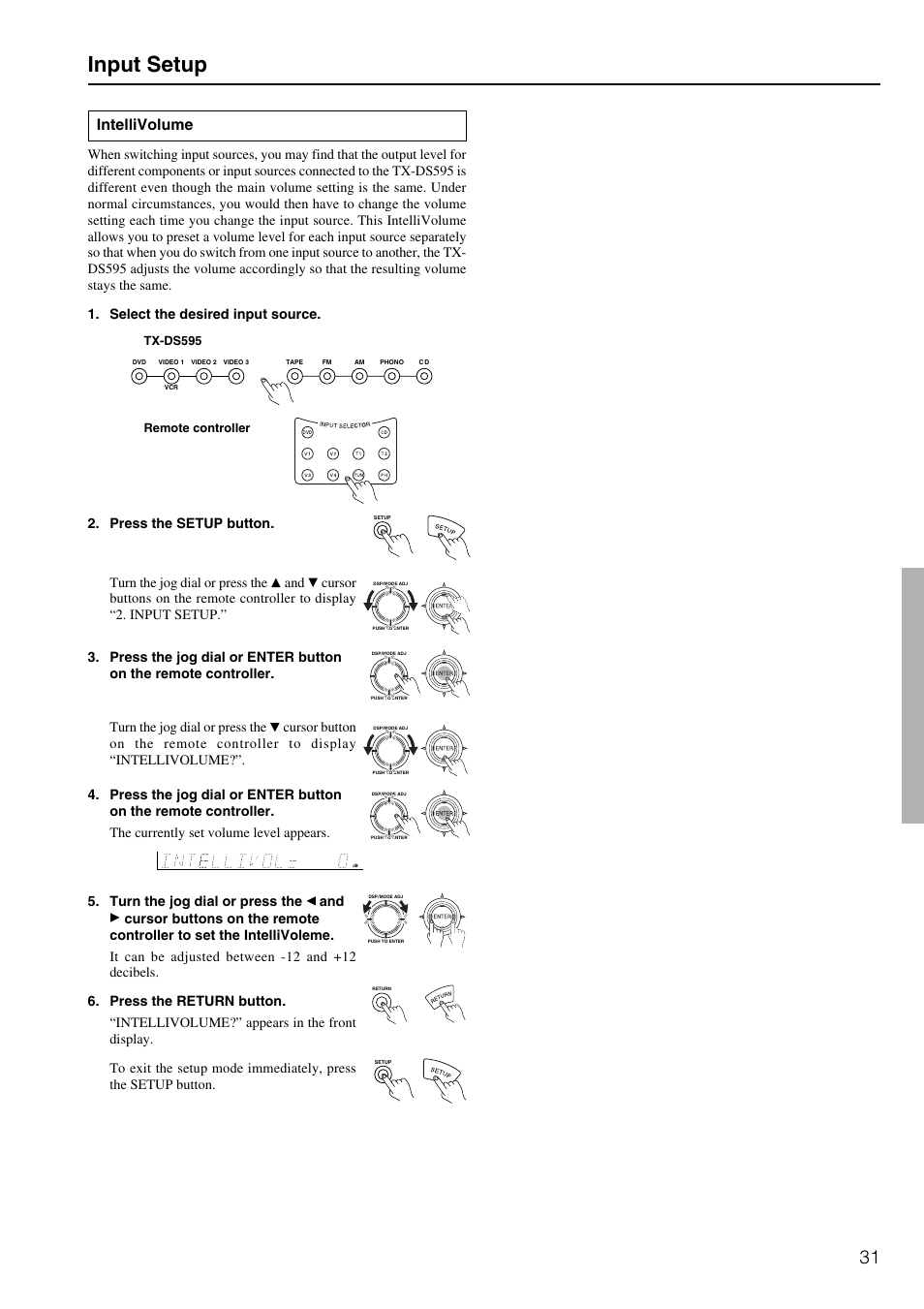 Input setup, Intellivolume | Onkyo TX-DS595 User Manual | Page 31 / 52