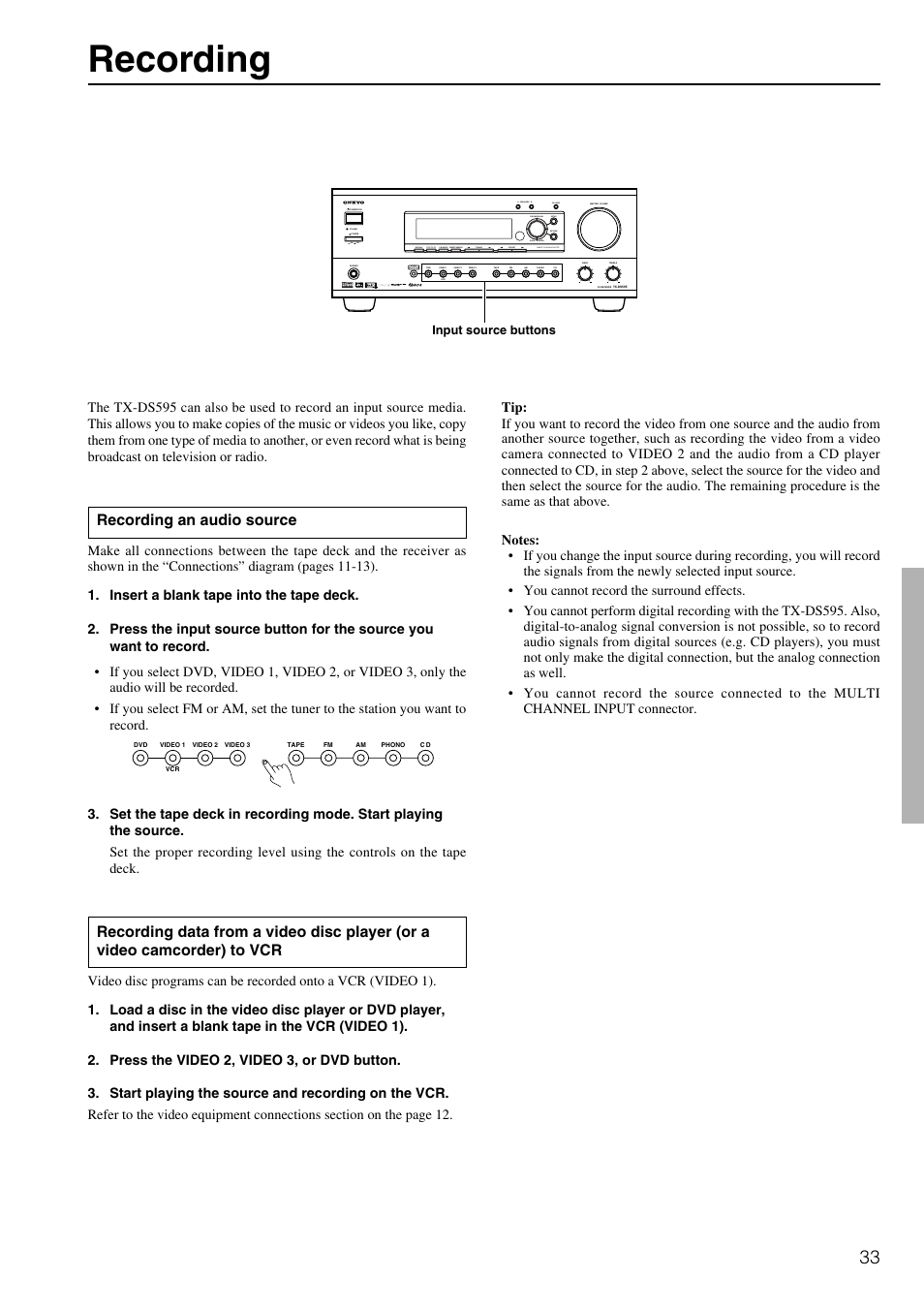 Recording, Recording an audio source, Standby off on | Ch level | Onkyo TX-DS595 User Manual | Page 33 / 52