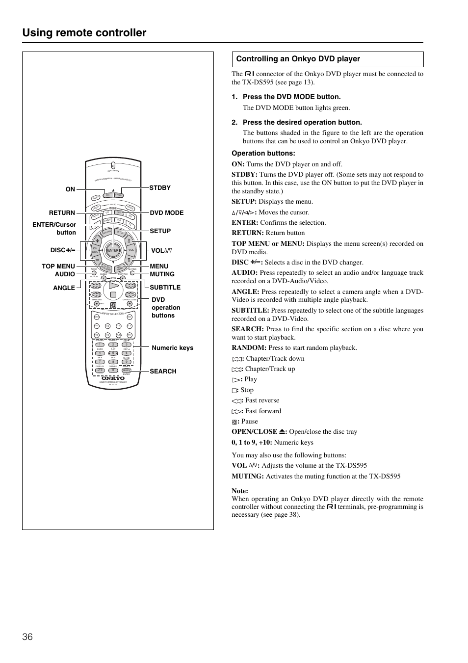 Using remote controller, Controlling an onkyo dvd player | Onkyo TX-DS595 User Manual | Page 36 / 52