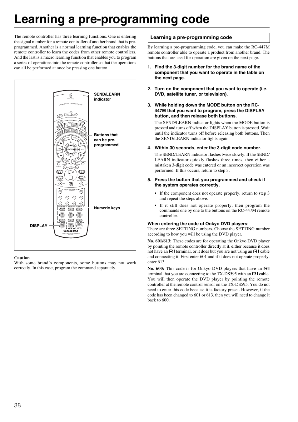 Learning a pre-programming code | Onkyo TX-DS595 User Manual | Page 38 / 52