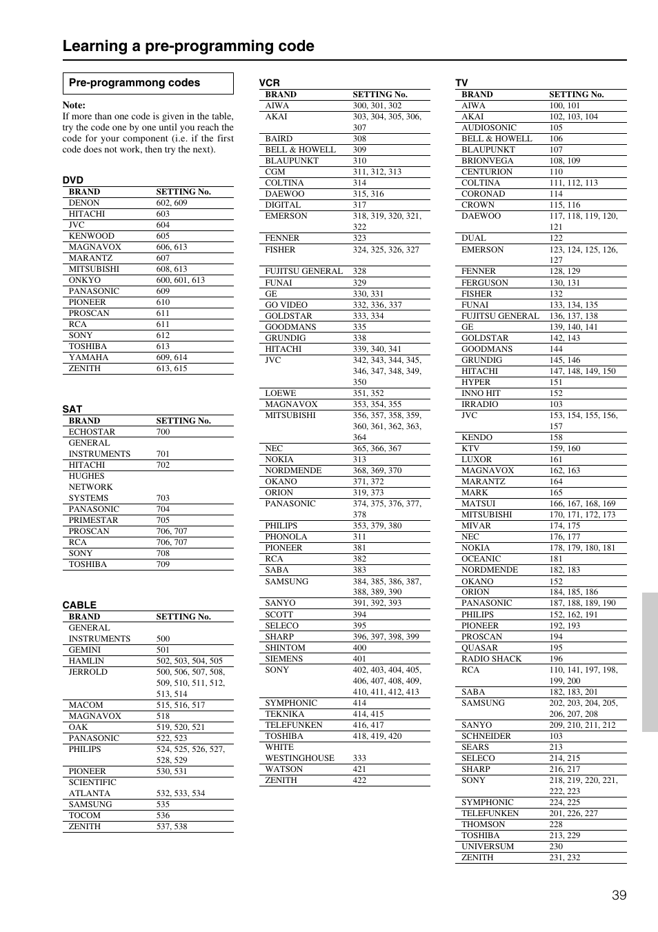 Learning a pre-programming code, Pre-programmong codes | Onkyo TX-DS595 User Manual | Page 39 / 52