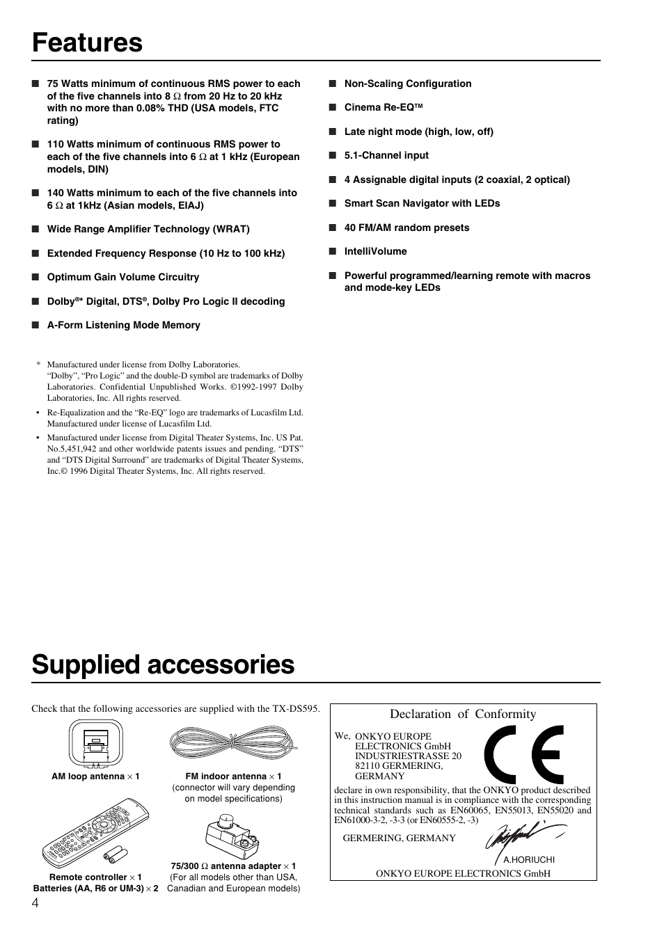 Supplied accessories, Features, Declaration of conformity | Onkyo TX-DS595 User Manual | Page 4 / 52