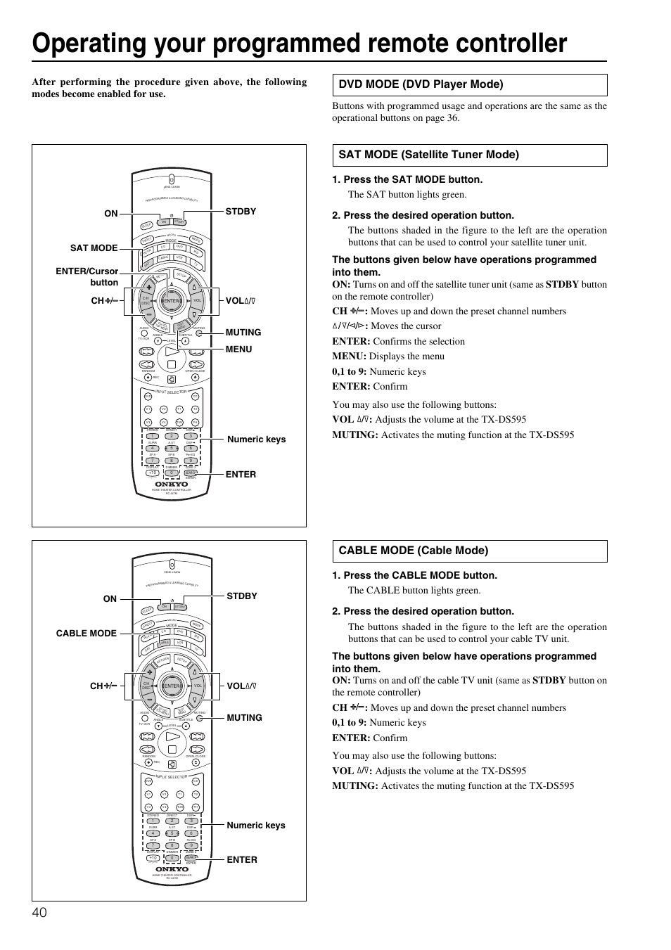 Operating your programmed remote controller, Cable mode (cable mode), Sat mode (satellite tuner mode) | Dvd mode (dvd player mode), Cable mode on stdby muting enter vol ch, Numeric keys | Onkyo TX-DS595 User Manual | Page 40 / 52