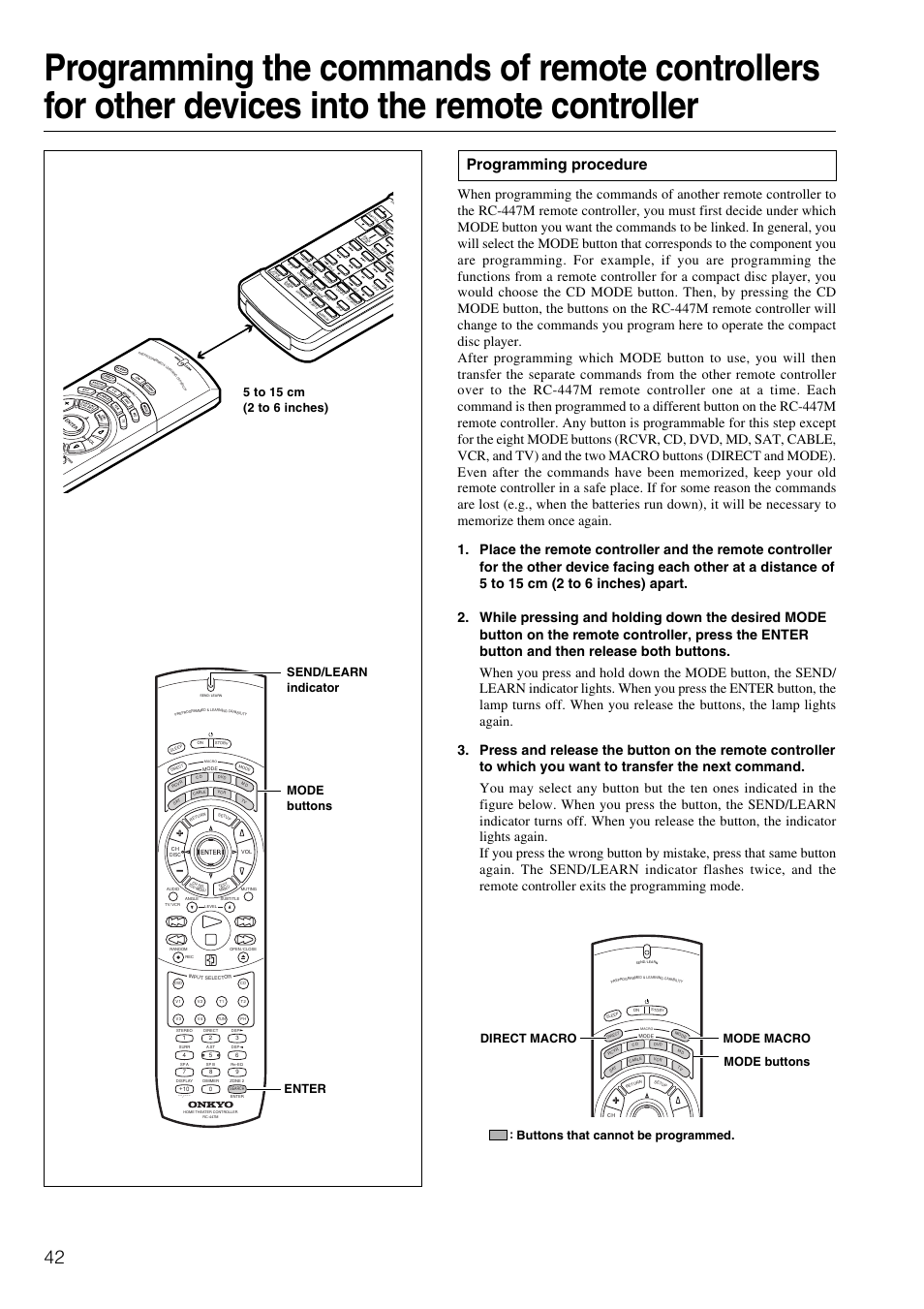 Programming procedure, Mode macro direct macro, Enter | Onkyo TX-DS595 User Manual | Page 42 / 52