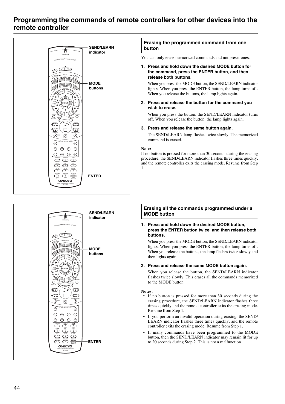 Erasing the programmed command from one button, Enter | Onkyo TX-DS595 User Manual | Page 44 / 52