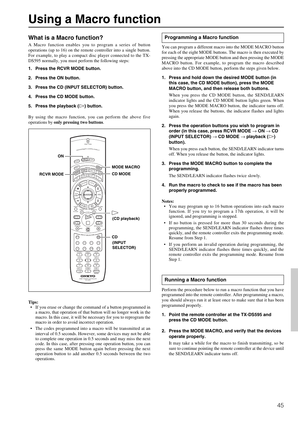 Using a macro function, What is a macro function, Programming a macro function | Running a macro function | Onkyo TX-DS595 User Manual | Page 45 / 52