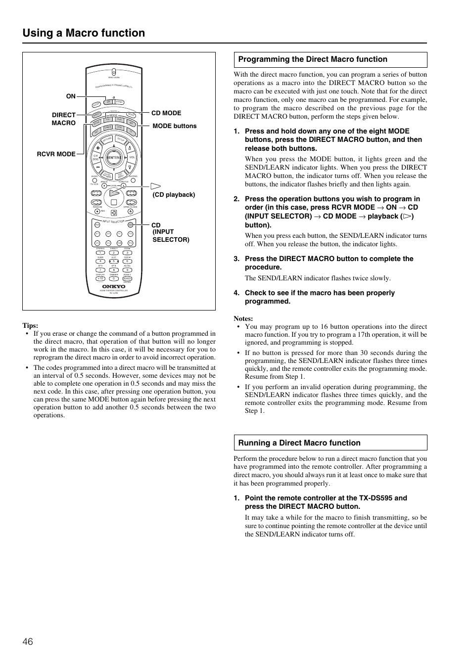 Using a macro function, Programming the direct macro function, Running a direct macro function | Onkyo TX-DS595 User Manual | Page 46 / 52