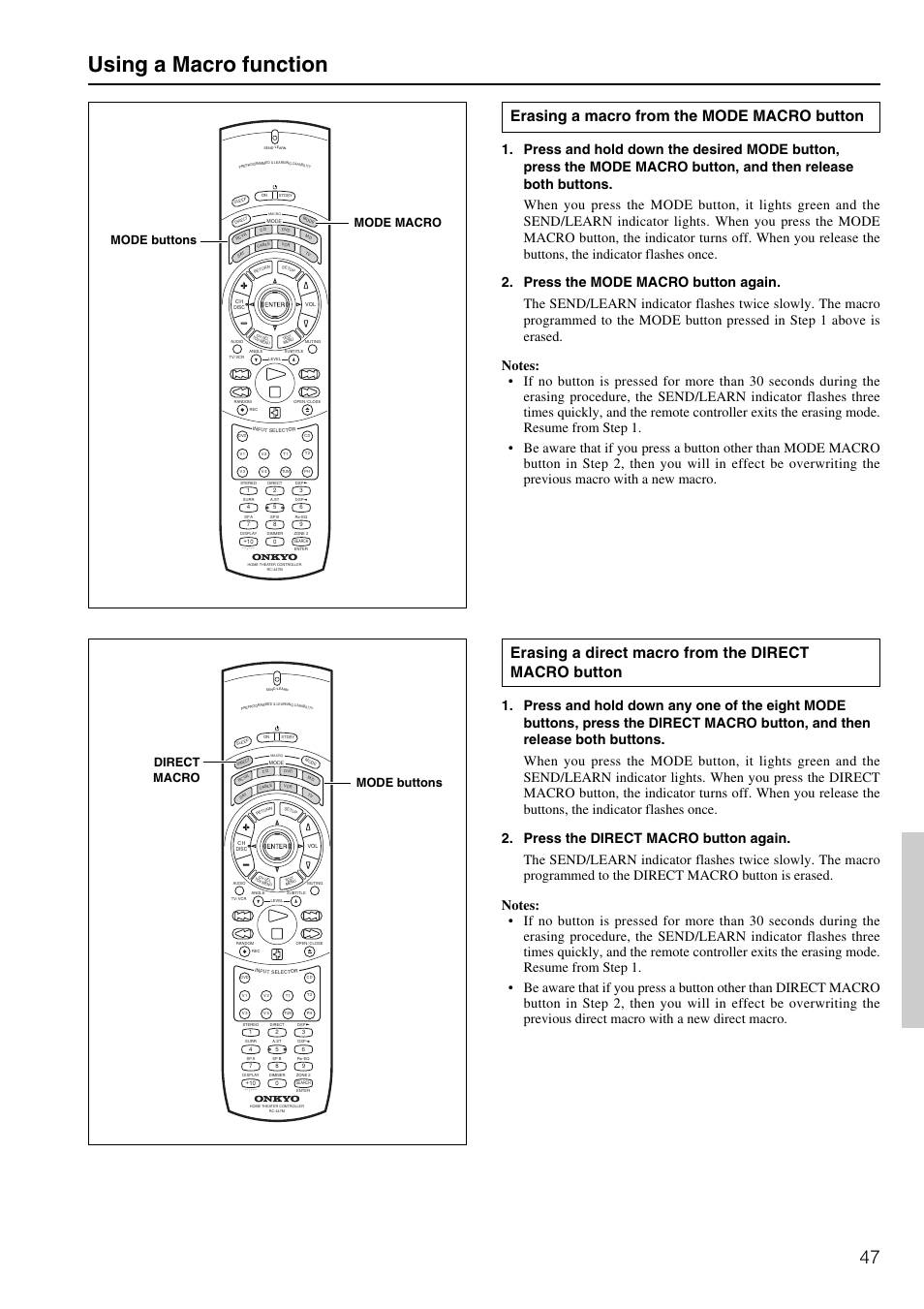 Using a macro function, Erasing a macro from the mode macro button, Mode macro | Direct macro mode buttons mode buttons | Onkyo TX-DS595 User Manual | Page 47 / 52