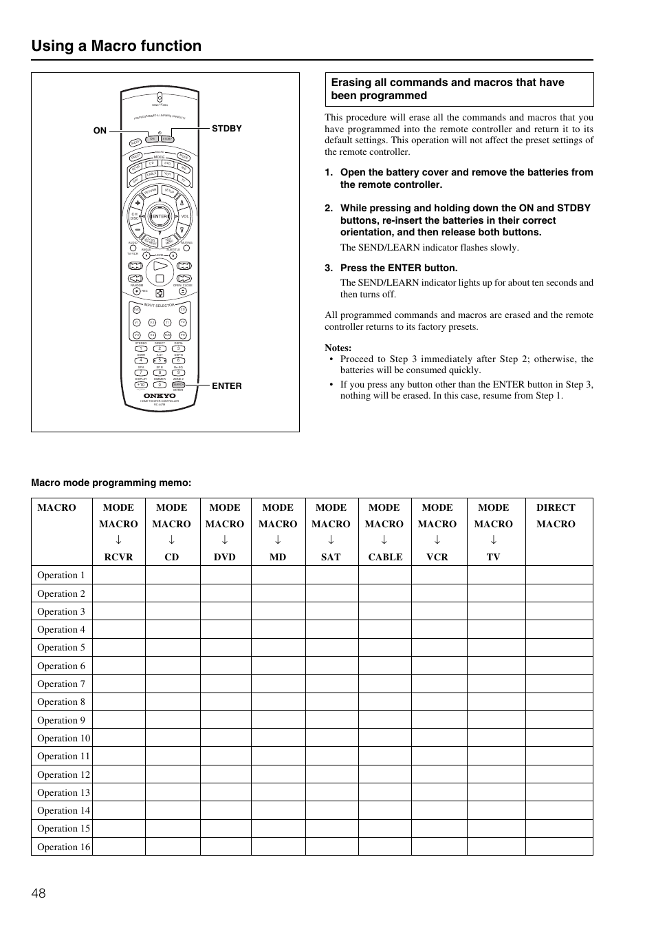 Using a macro function, Enter on stdby | Onkyo TX-DS595 User Manual | Page 48 / 52