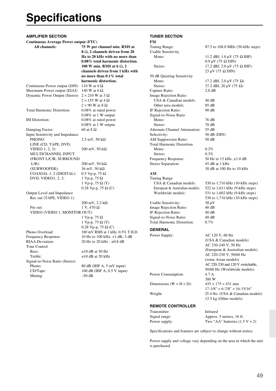 Specifications | Onkyo TX-DS595 User Manual | Page 49 / 52