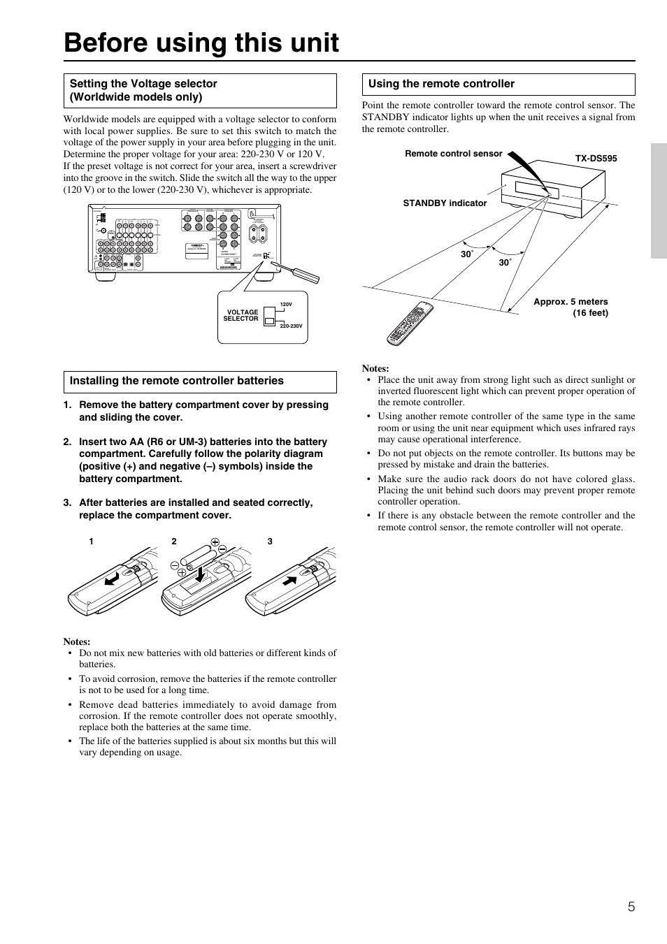 Before using this unit, Installing the remote controller batteries, Using the remote controller | 6 ohms min. / speaker, Remote control fm 75 am, Out in, Set before power on, Av receiver, 120v, Rc -447 m | Onkyo TX-DS595 User Manual | Page 5 / 52